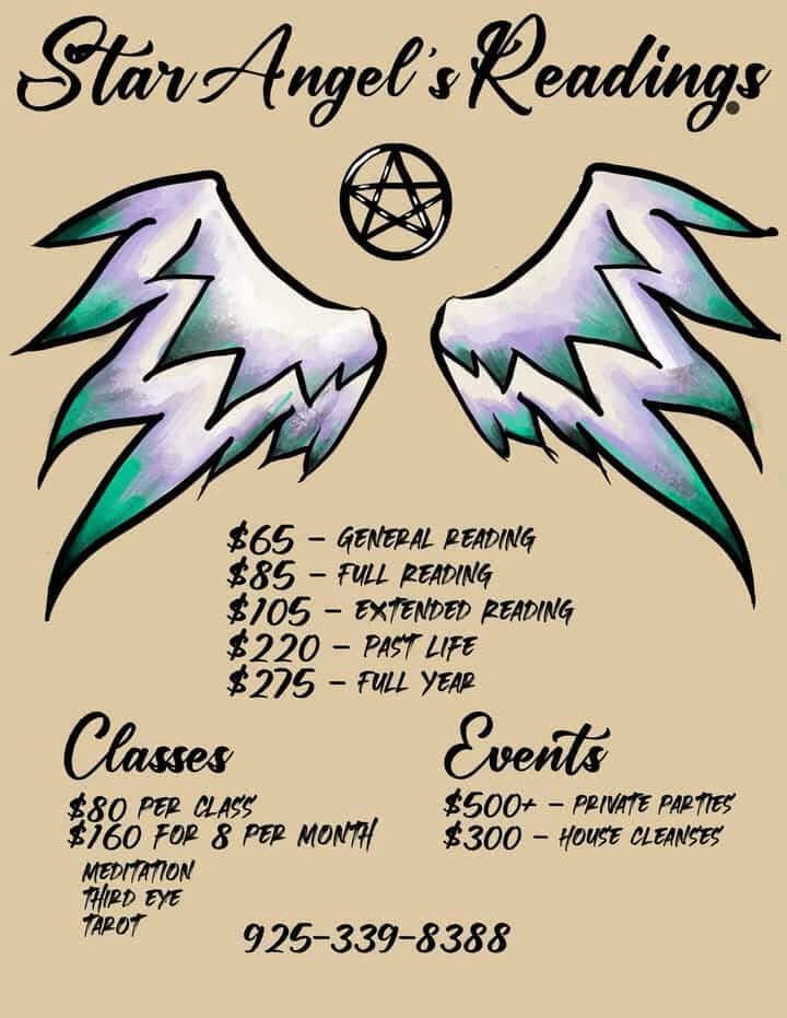 Sign for Star Angel's Readings with wings, pentagram, and list of services and prices, and contact number.
