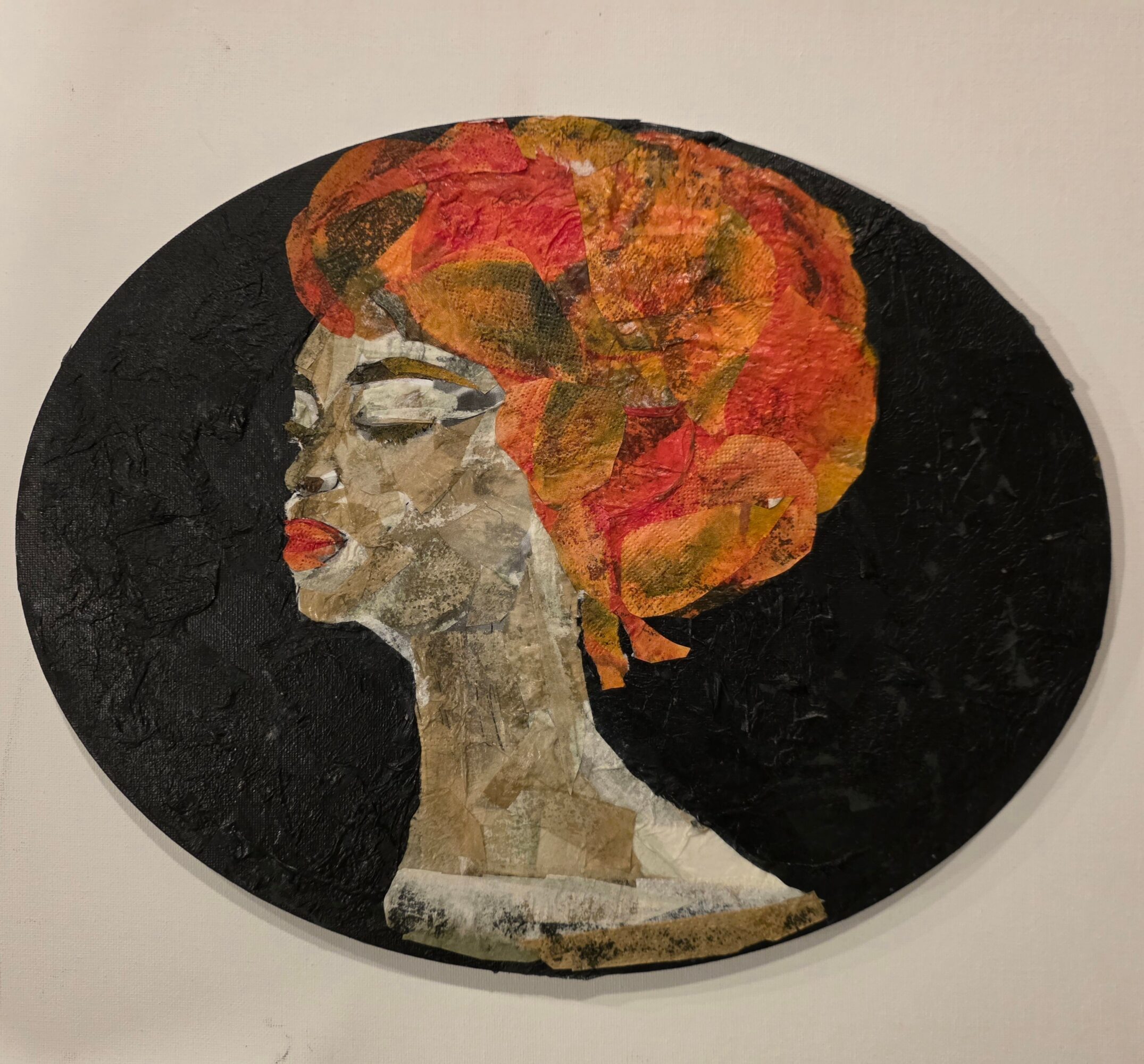 Profile of a woman with vibrant orange and red hair against a black background, painted in a textured style.