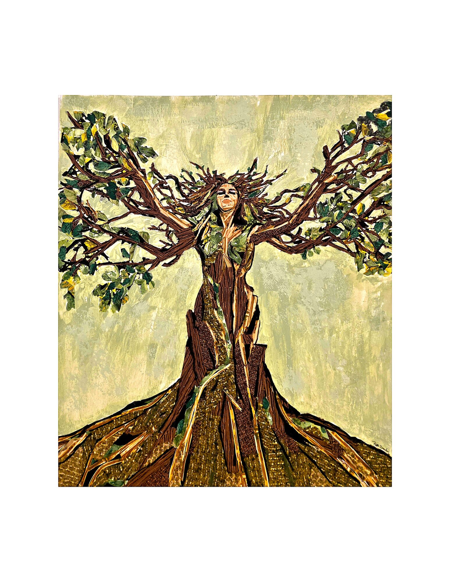 A woman with long hair stands inside a large tree with outstretched branches, surrounded by green leaves, against a light background.