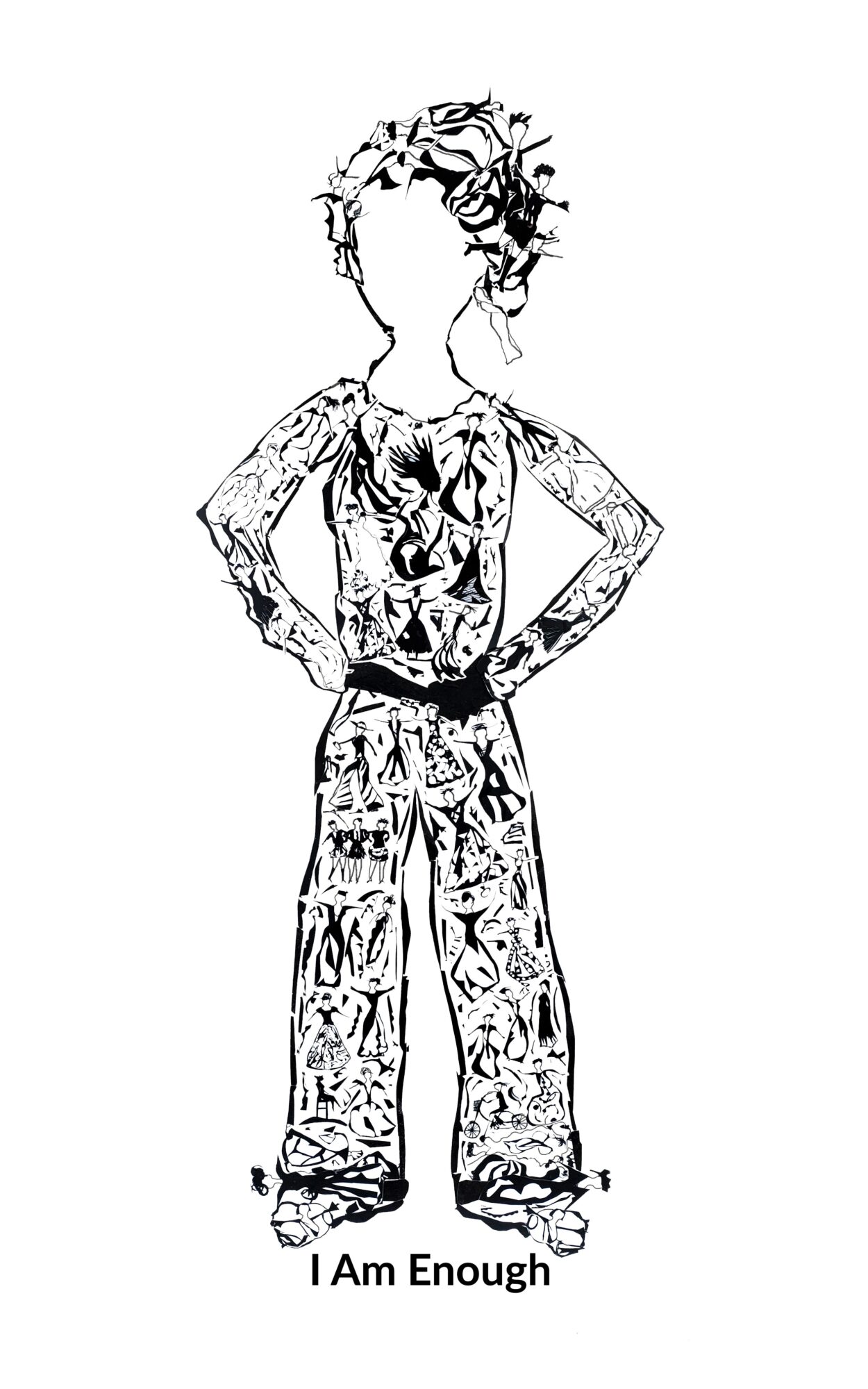 Sketch of a person with hands on hips, wearing patterned clothing, with curly hair, and the text 'I Am Enough' below.