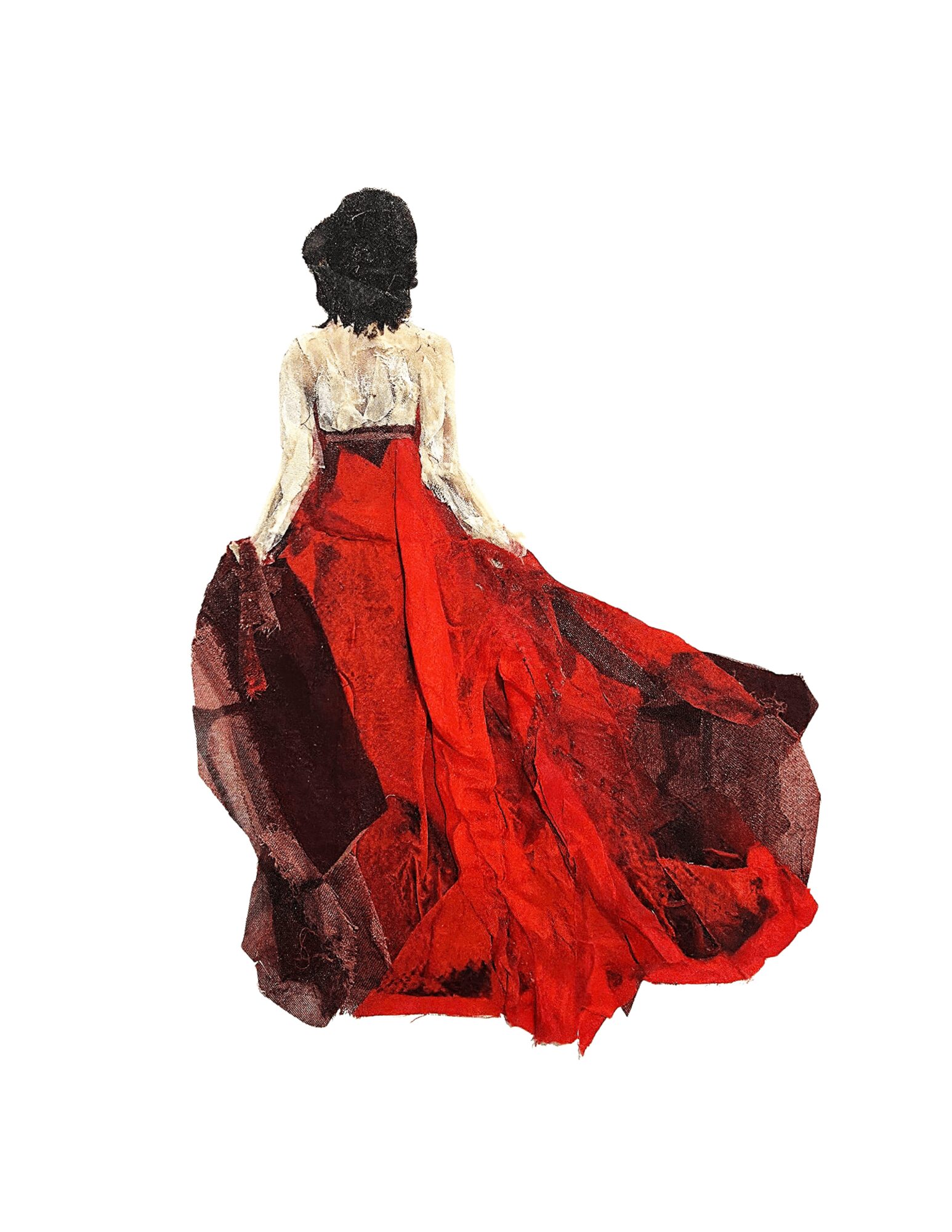 Woman in a red and black gown with a sheer top, facing away, holding the flowing skirt outwards, on a white background.