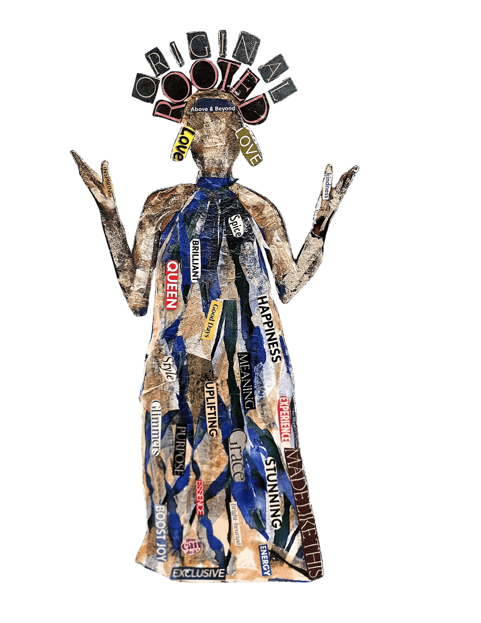 Collage figure with a head made of cut-out letters spelling 'ORIGINAL' and a dress composed of various magazine clippings.