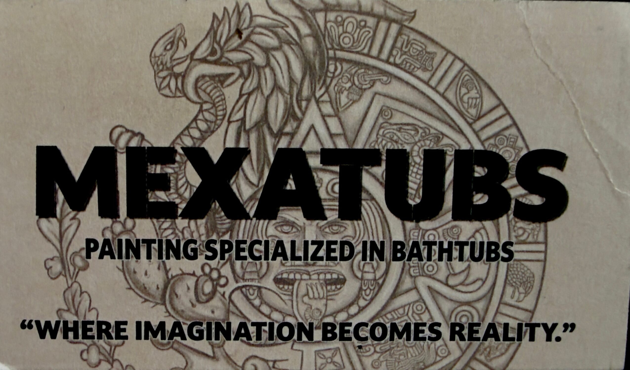 Text reads 'MEXATUBS' and 'PAINTING SPECIALIZED IN BATHTUBS' with a background of a detailed illustration of a lion and a clock.
