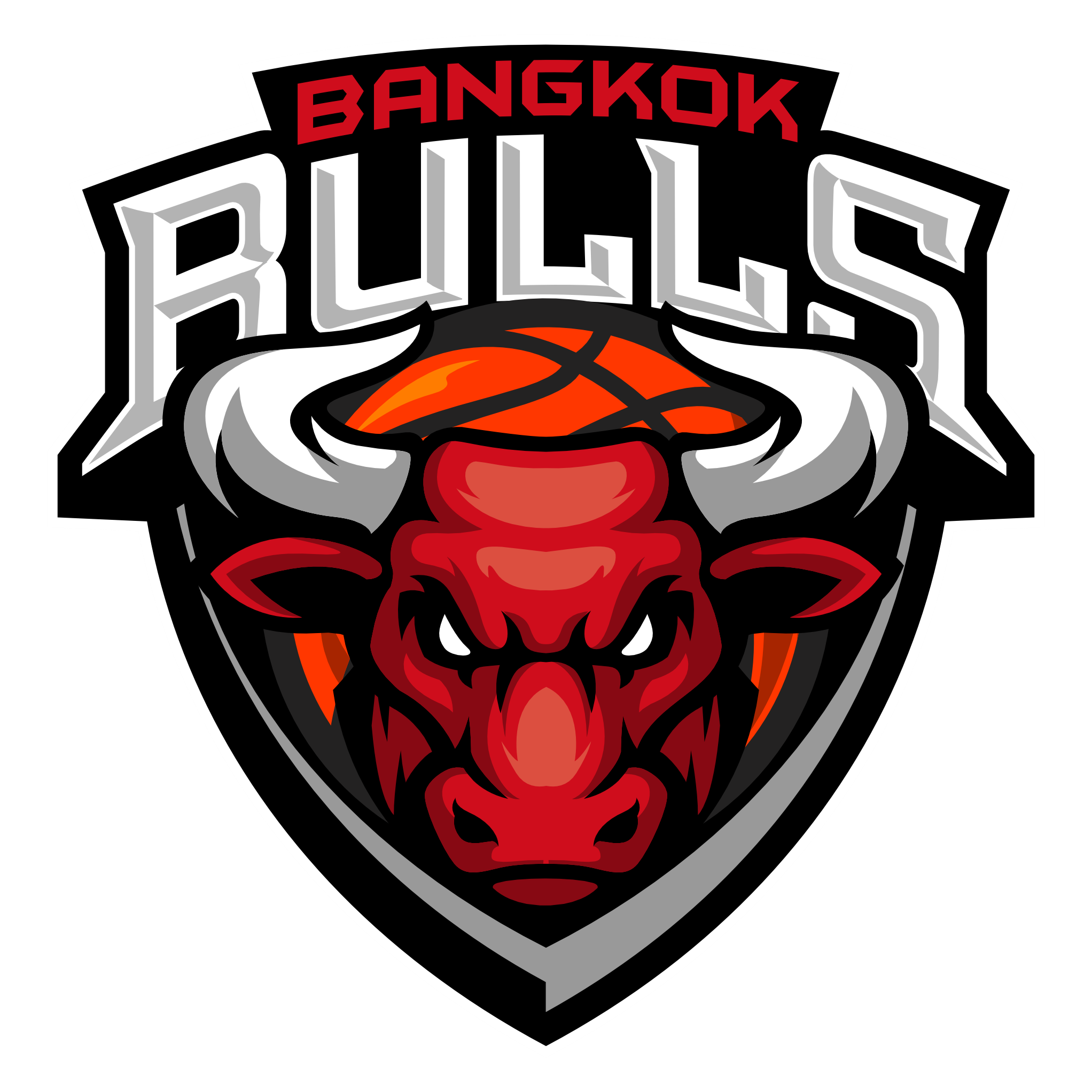 Logo of Bangkok Bulls basketball team with a red bull's head and a basketball on its forehead.