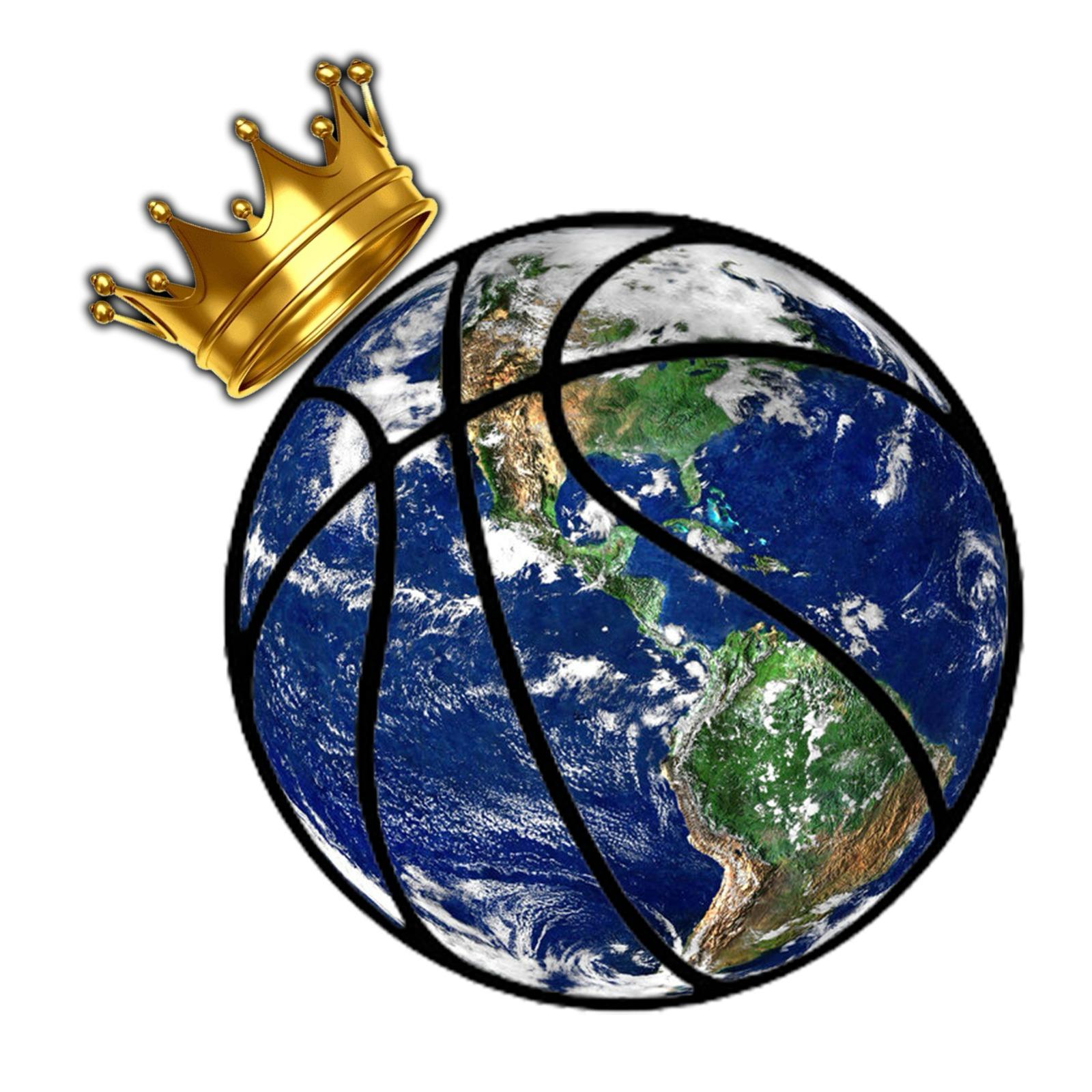 Earth with a basketball pattern and a gold crown on top, representing a global sports champion.
