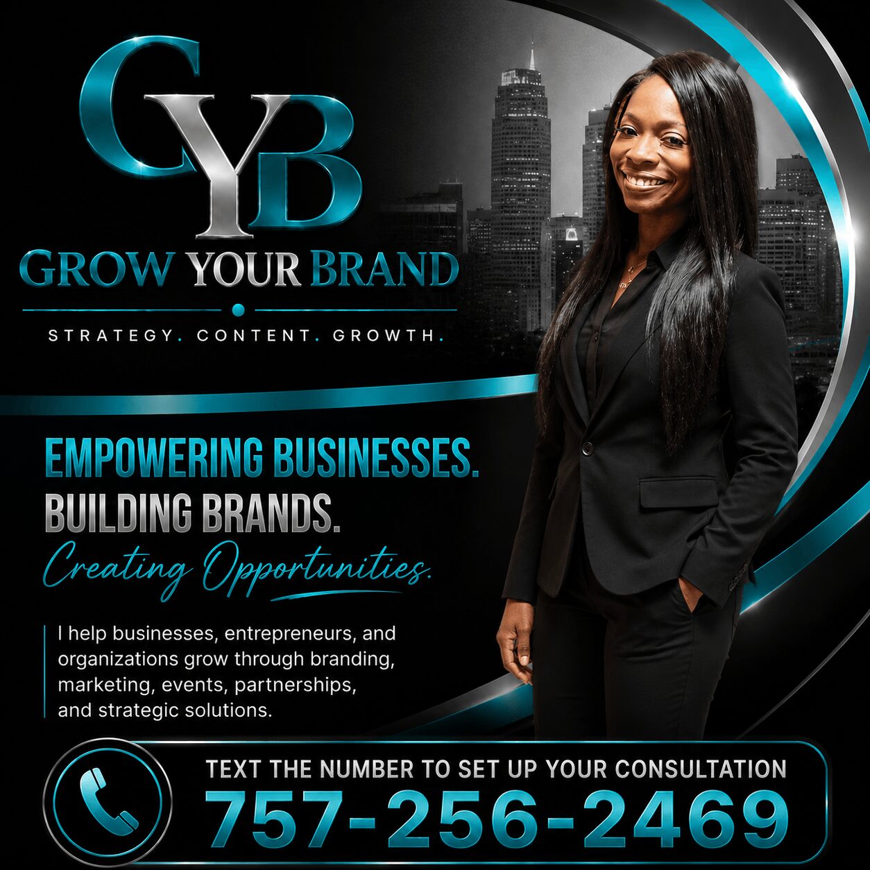 Smiling woman in black blazer standing in front of cityscape with GY logo and text about branding and business growth.
