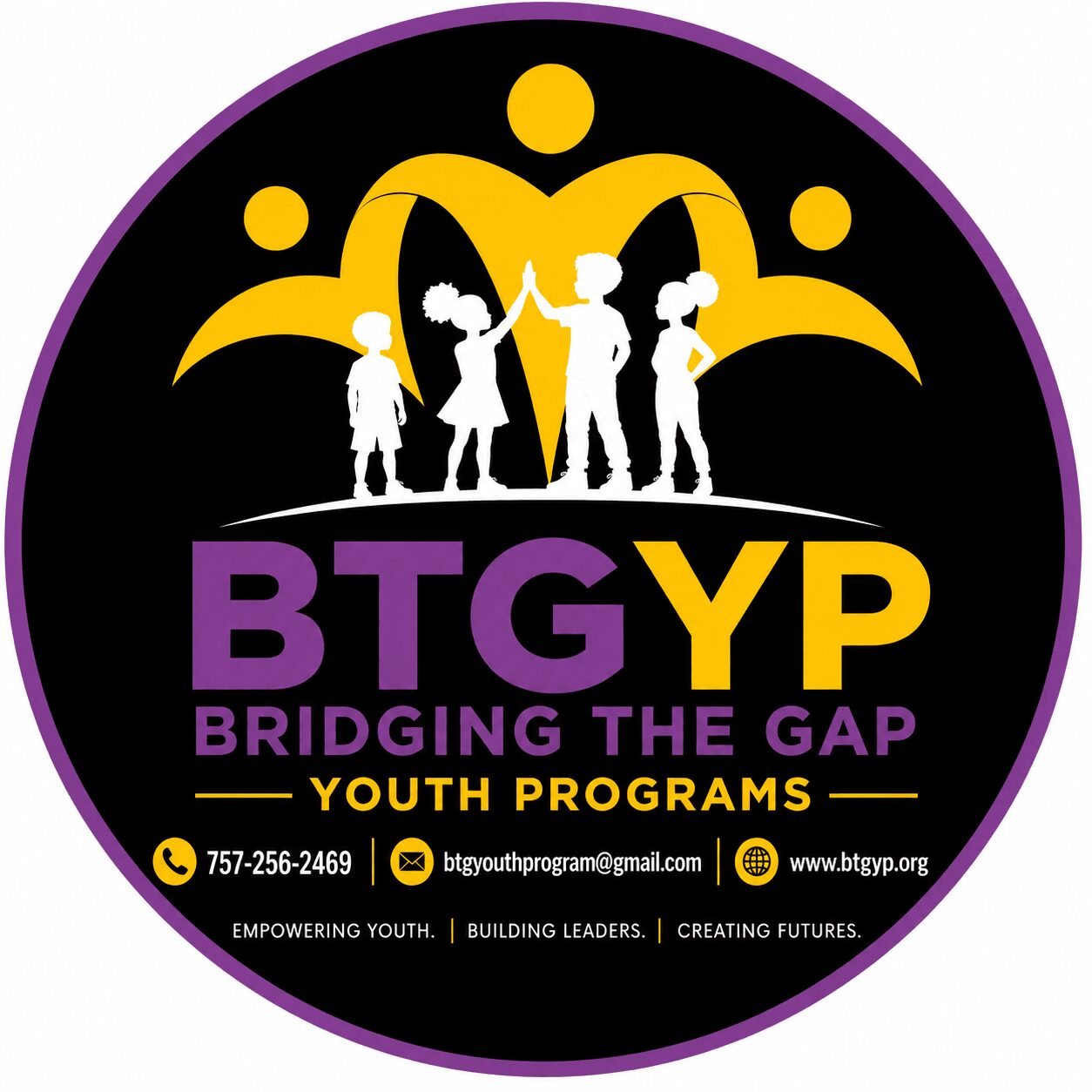 Logo with children, heart, and text for youth program, contact info, and website, on a black background.
