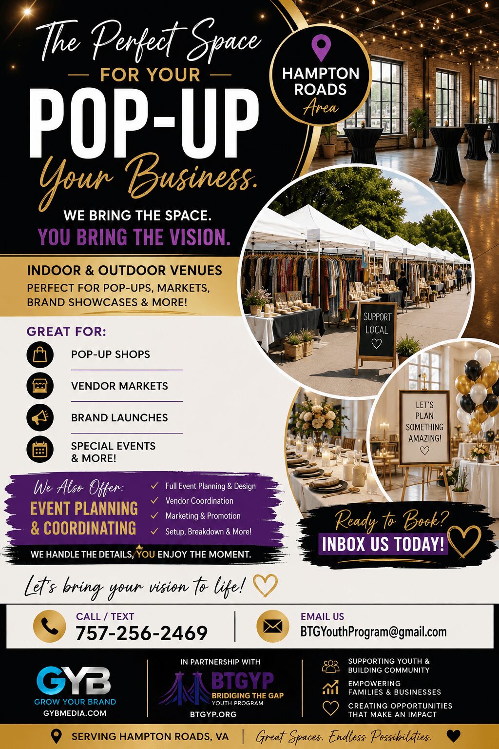 Event flyer for Hampton Roads pop-up markets and venues, featuring images of indoor spaces, market booths, and event details.