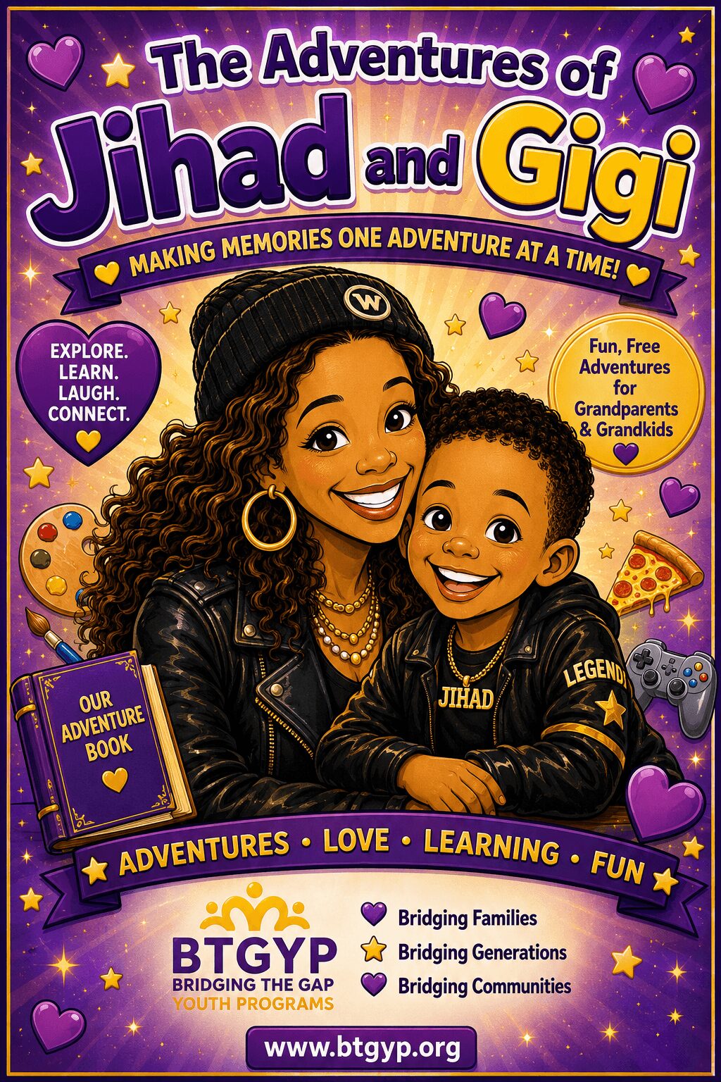 Book cover titled 'The Adventures of Jihad and Gigi' featuring a woman and a child smiling, with colorful hearts and stars background.