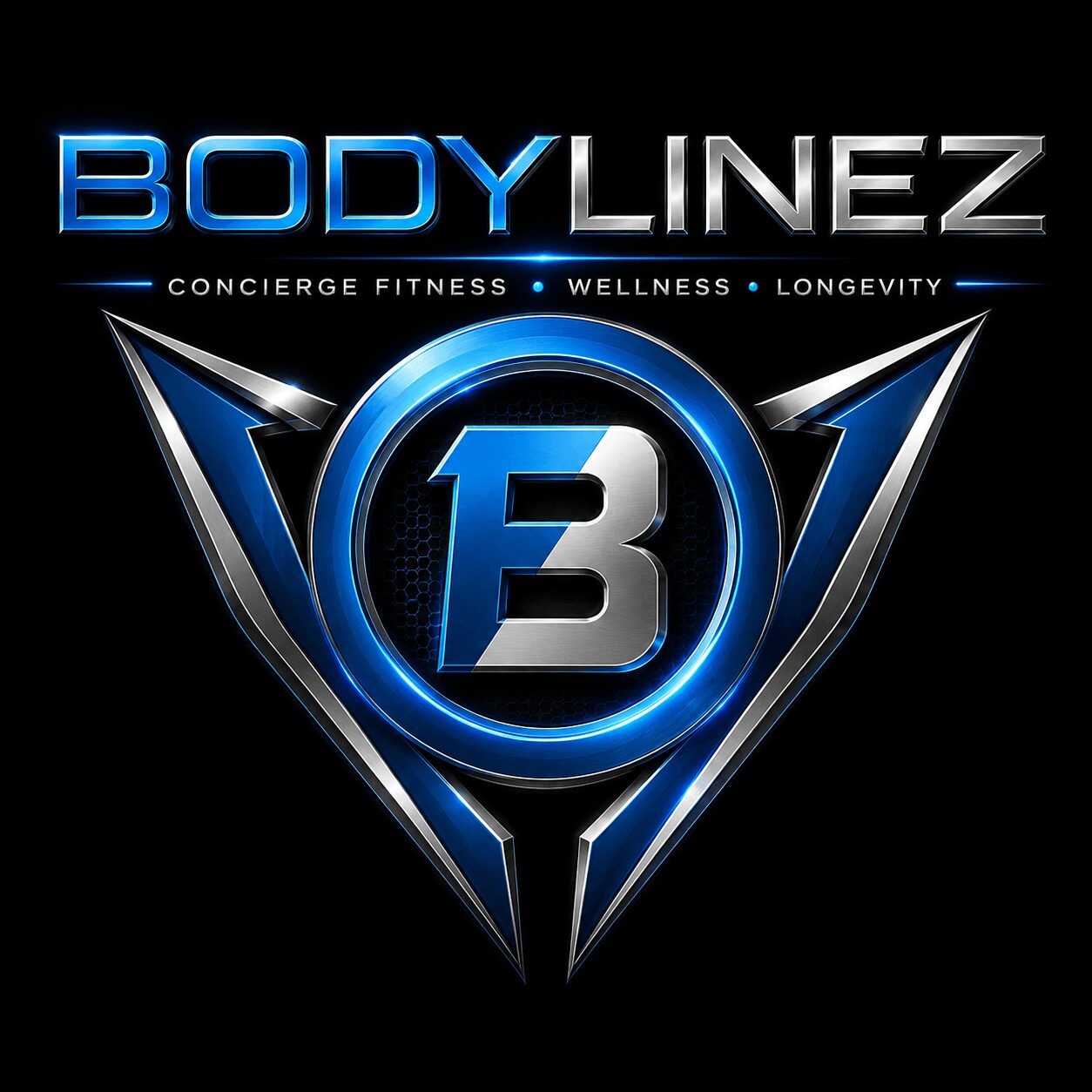 Logo with the word BODYLINEZ, a large letter B inside a circle, and a triangular design, on a black background.