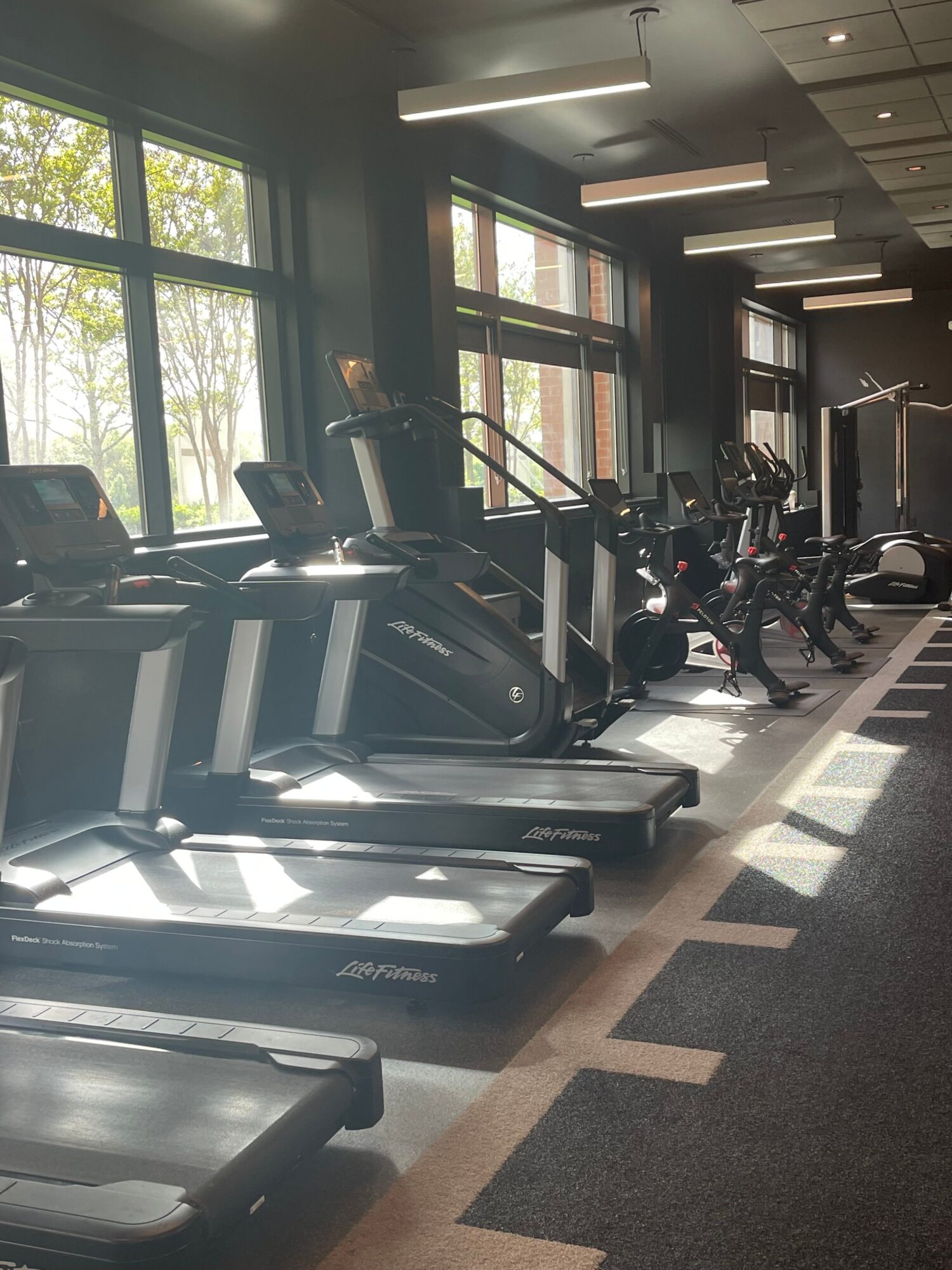 Gym with treadmills and exercise equipment near large windows, sunlight streaming in, and a patterned floor.