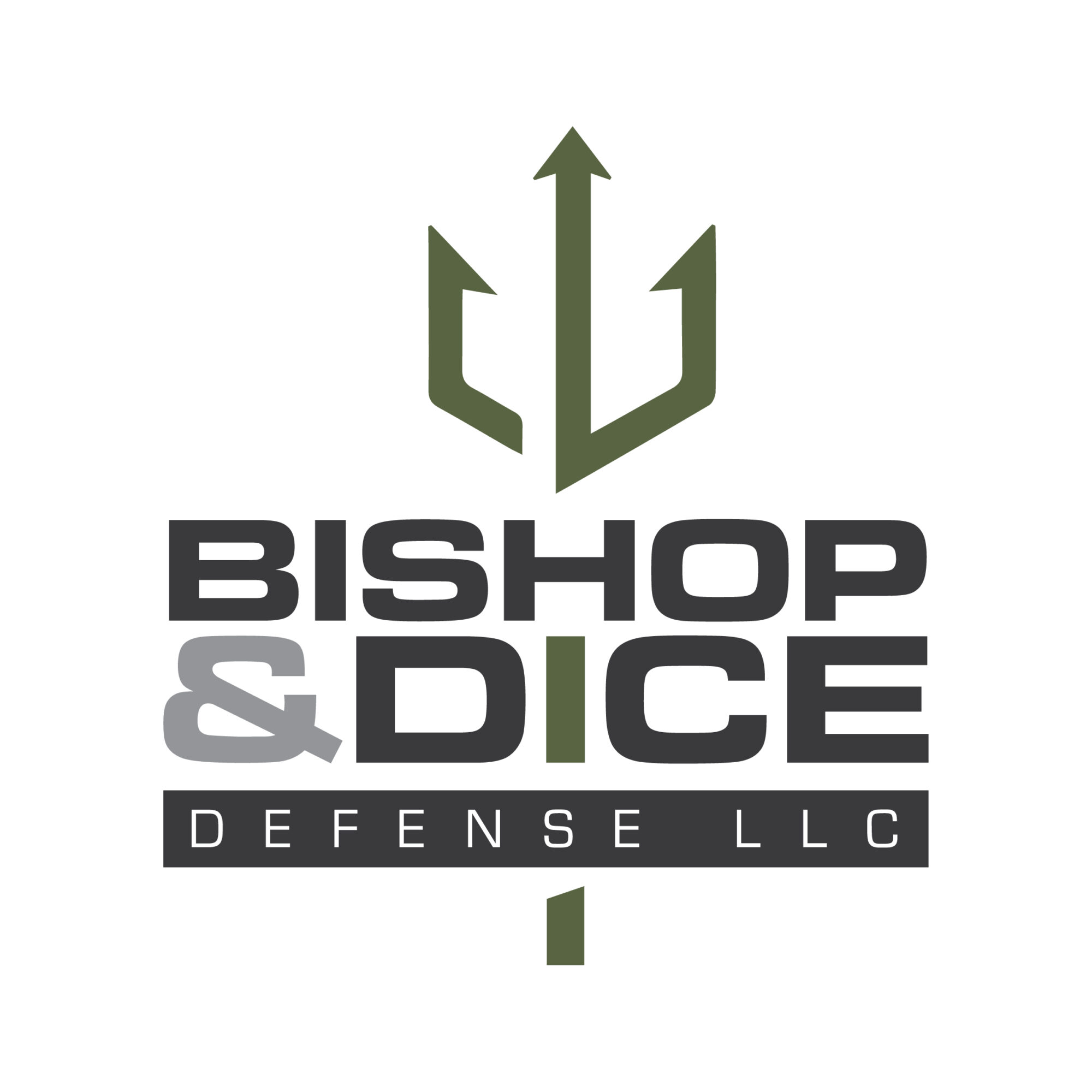 Logo with a green arrow design above the text 'BISHOP & DICE' and 'DEFENSE LLC' below.