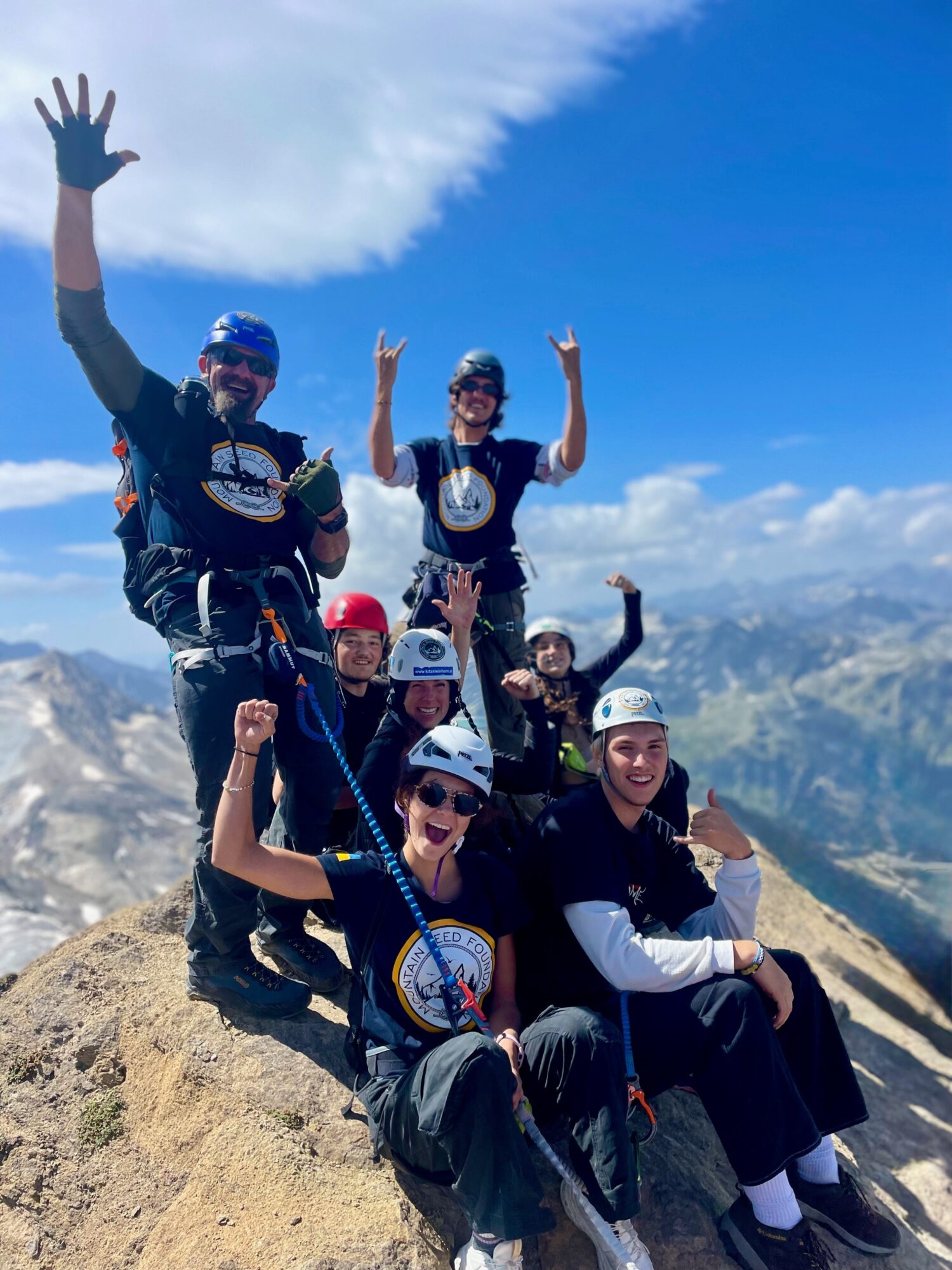 Group of six people on mountain summit, smiling and raising hands, with mountain landscape and blue sky in background.
