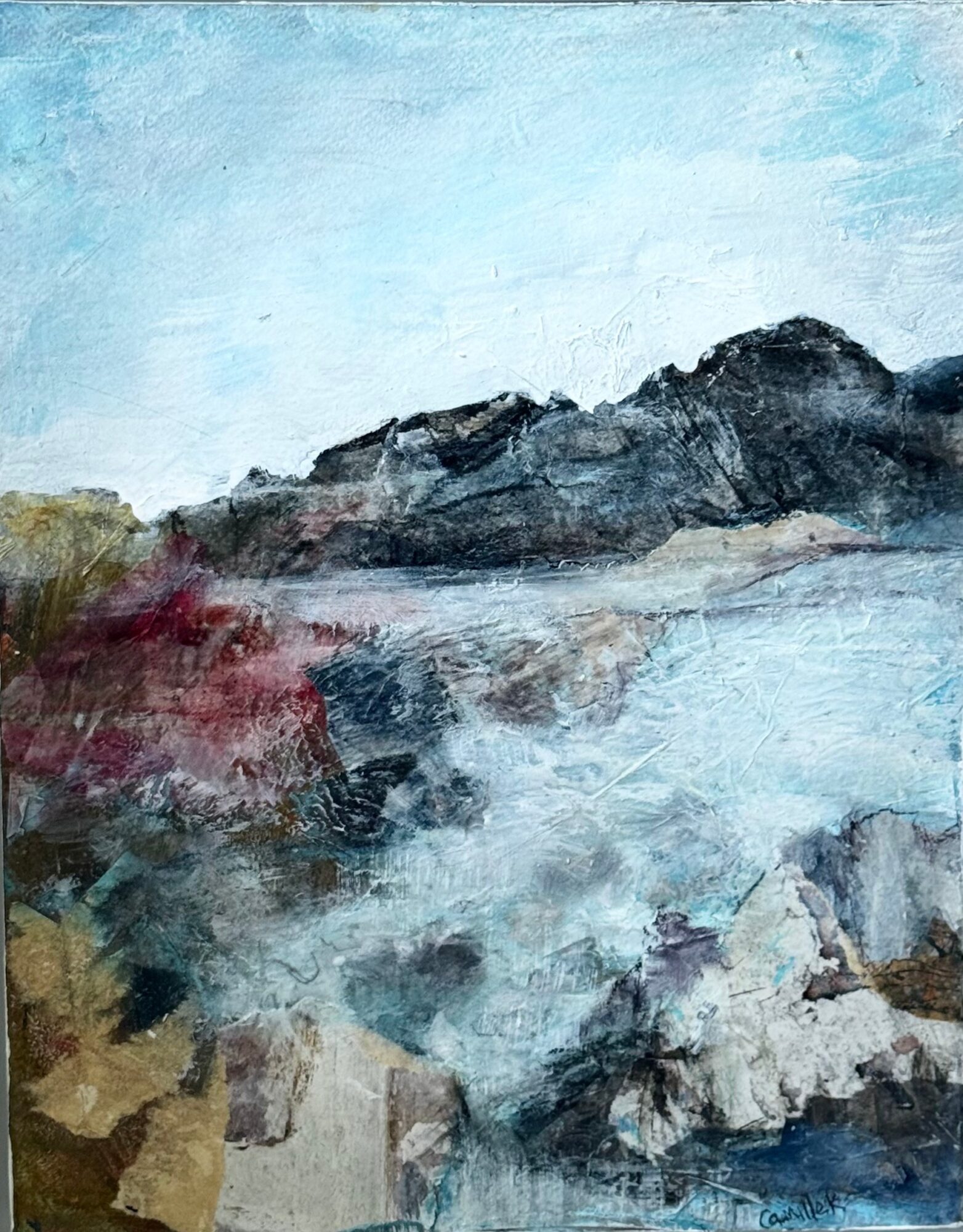 Landscape painting of mountains, water, and sky with trees and rocks in foreground.