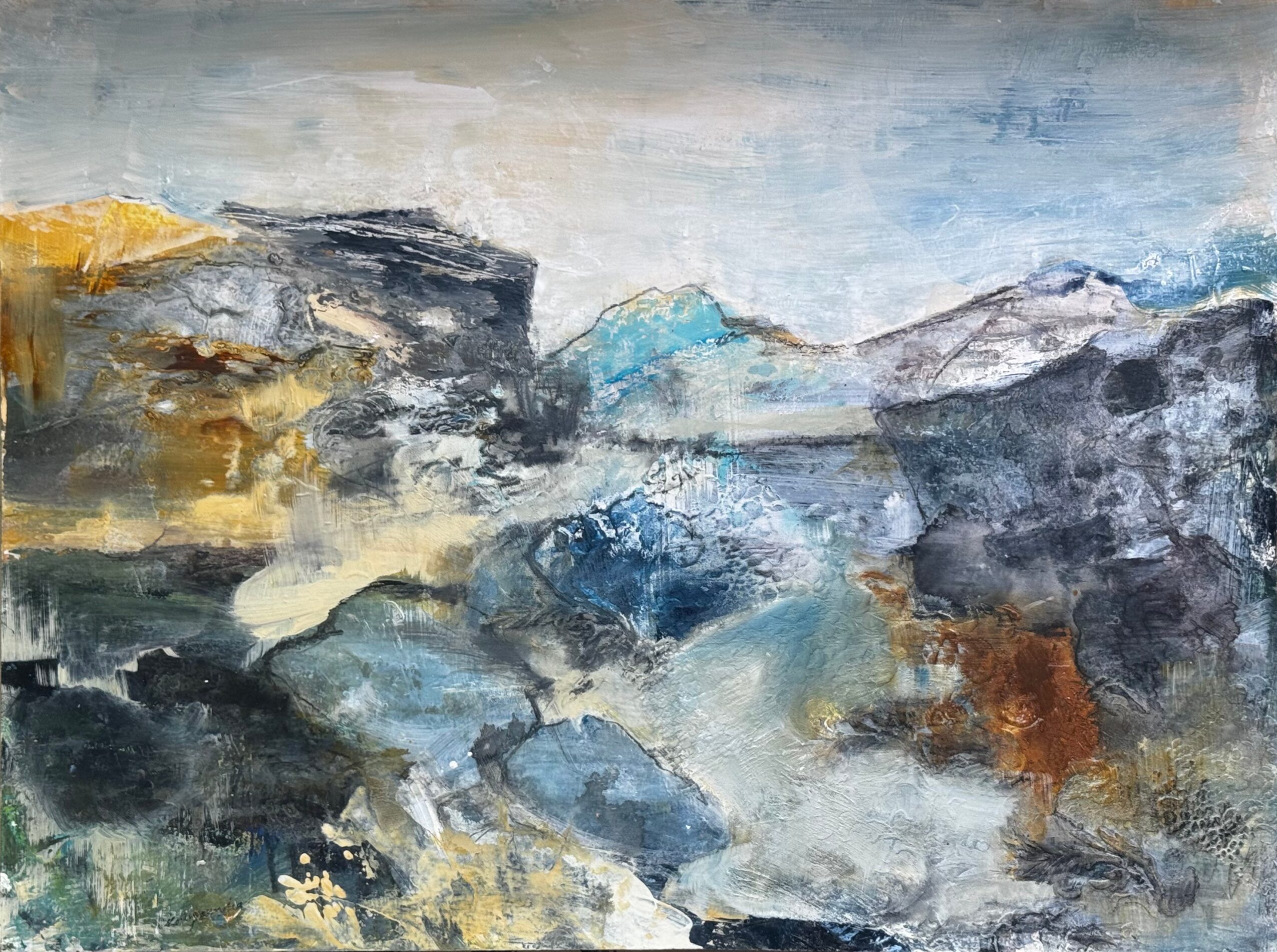 Abstract landscape with rocks and sky, painted in blue, gray, and earthy tones.