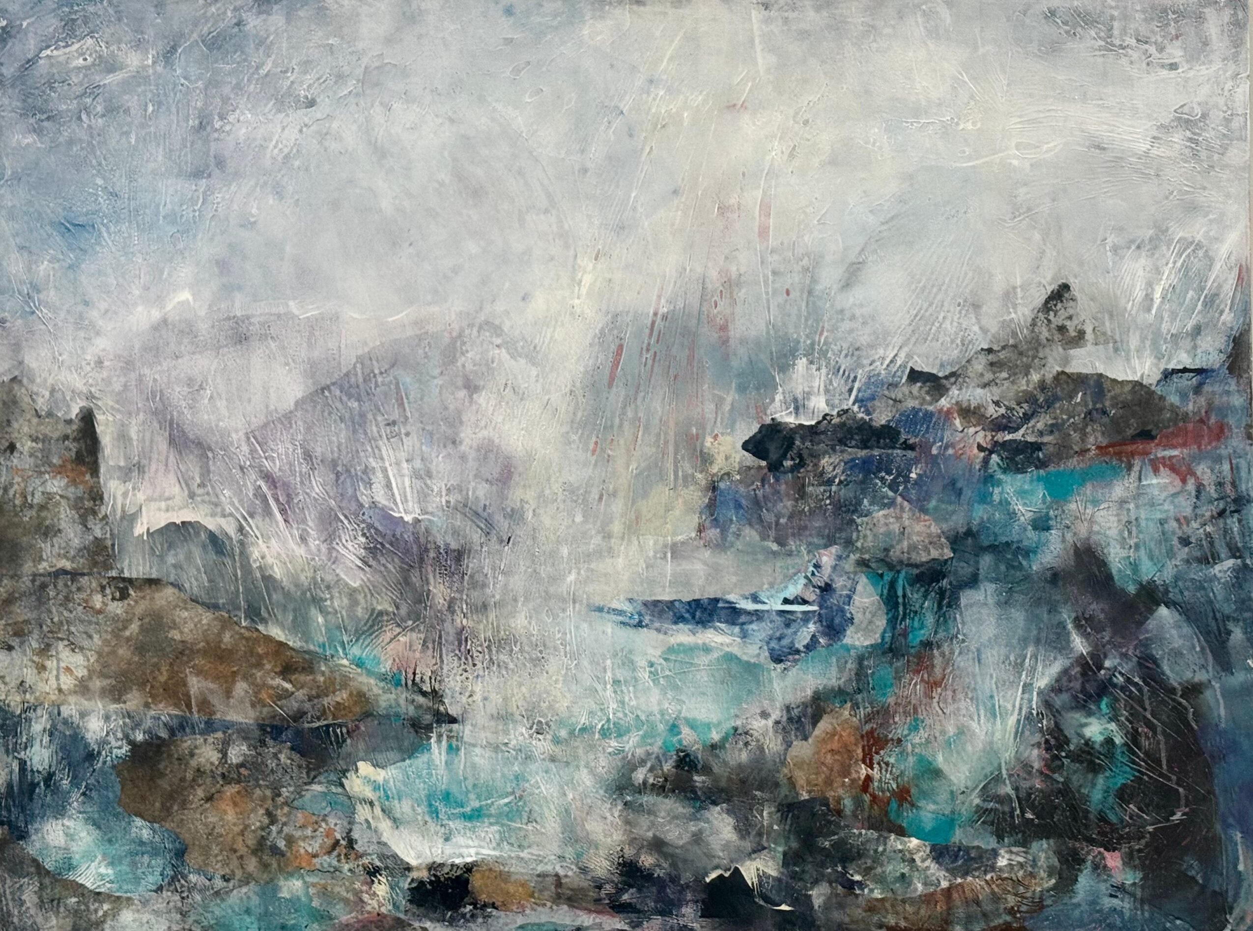 Abstract landscape with water, rocks, and sky in muted colors, textured brushstrokes, and a cloudy sky.