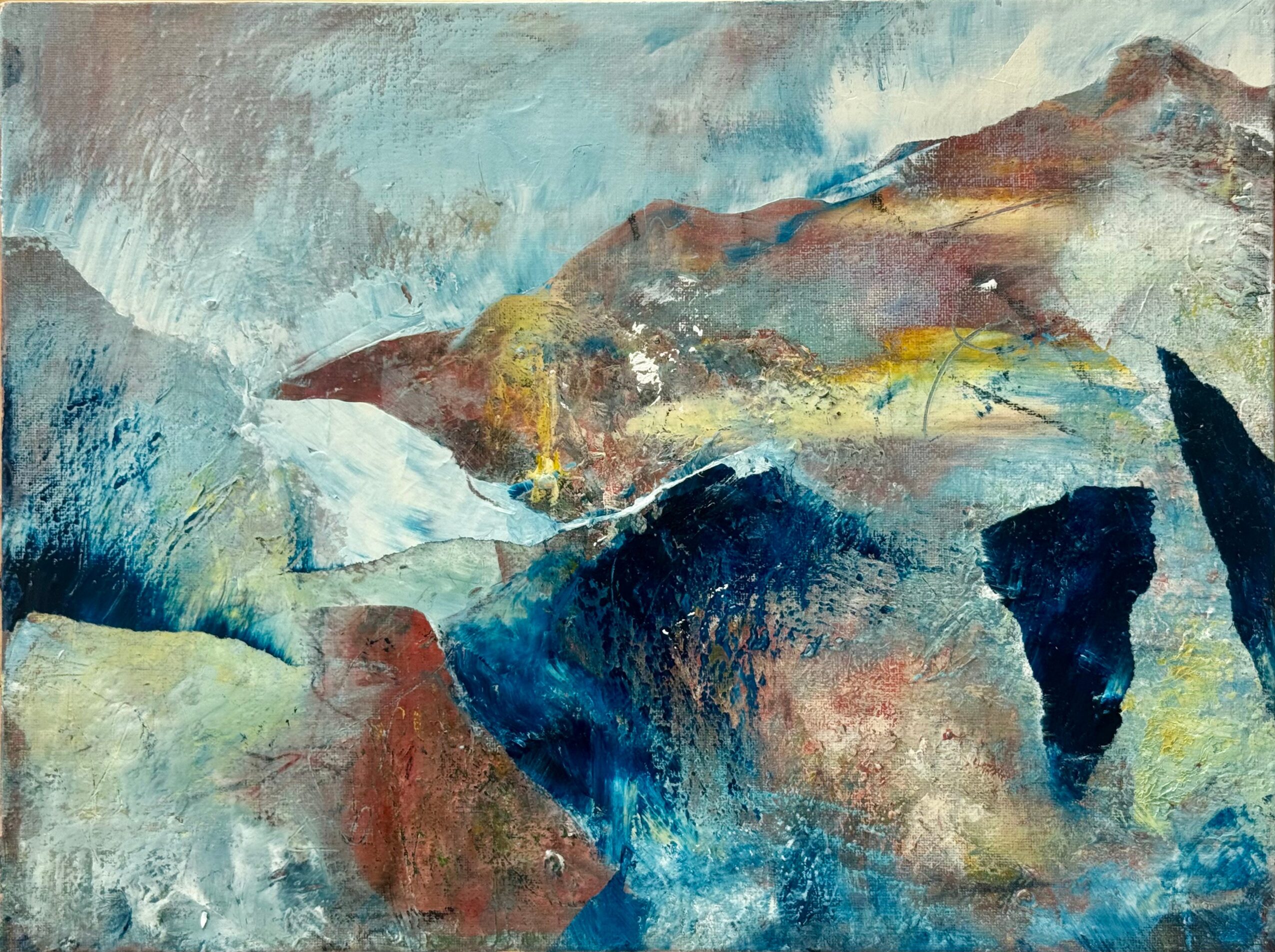 Abstract landscape with mountains and sky in blue, brown, and green tones.
