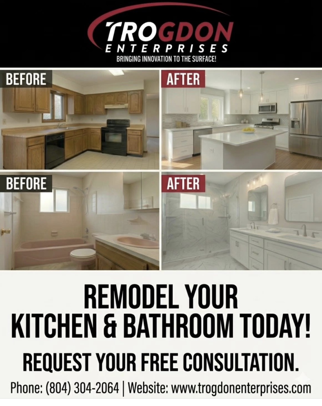 Advertisement for kitchen and bathroom remodeling with before and after images, contact information included.