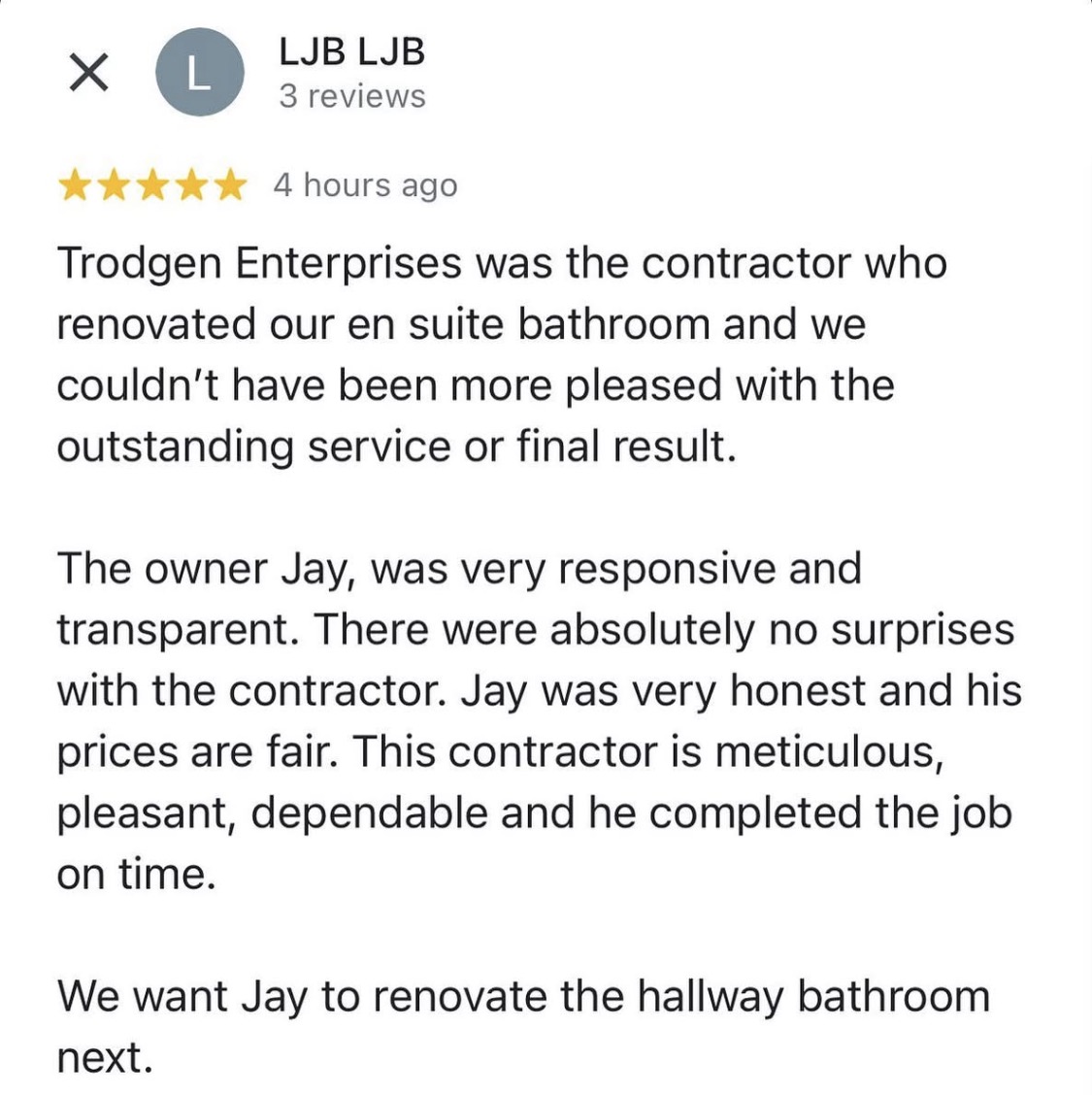 Screenshot of a positive review about a contractor named Jay renovating a bathroom, praising responsiveness and quality.