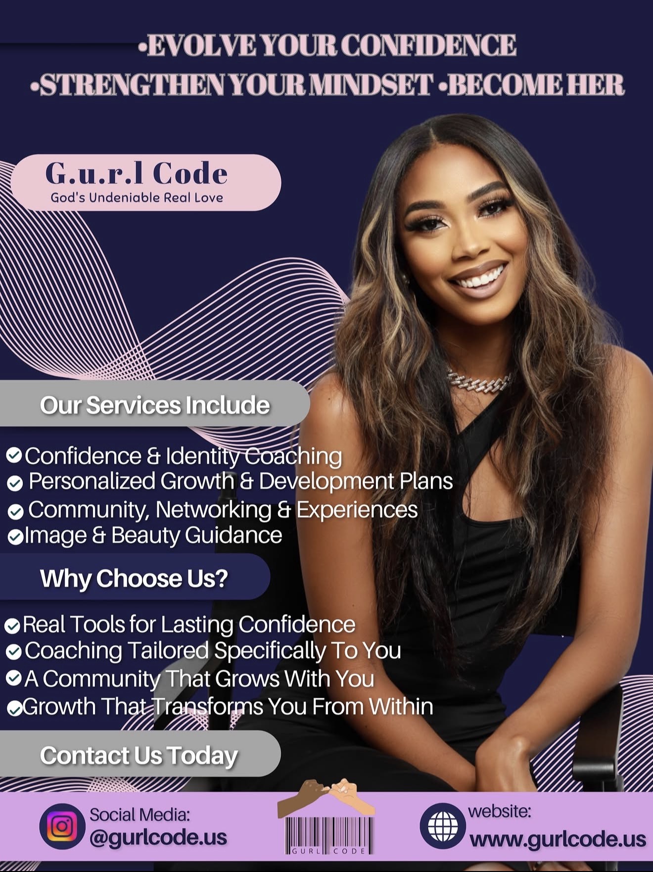 Smiling woman with long hair in a black dress, promotional flyer background with purple and white design, text about confidence coaching, social media and website info.