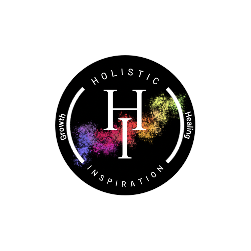 Logo with colorful powder splashes, letter H, and words: Holistic, Growth, Inspiration, Healing.