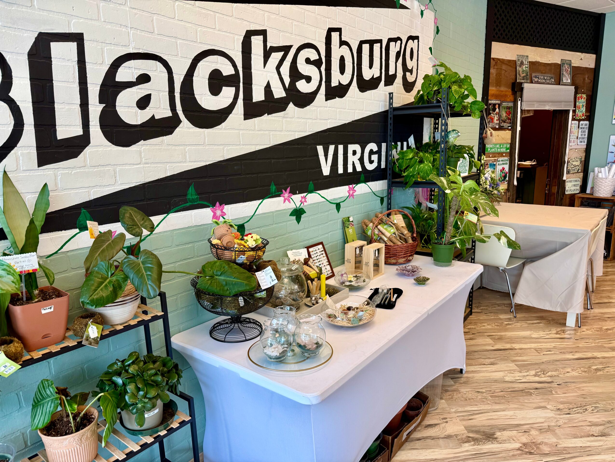 Display table with plants, decorative items, and framed photos in front of a large sign reading 'Blacksburg Virginia'.