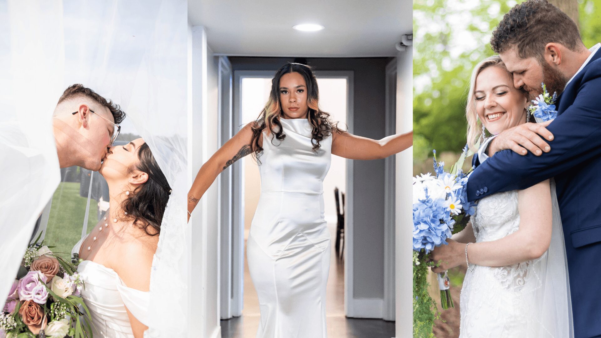 Three wedding photos: couple kissing, woman in white dress with arms outstretched, couple smiling outdoors. 20 words.