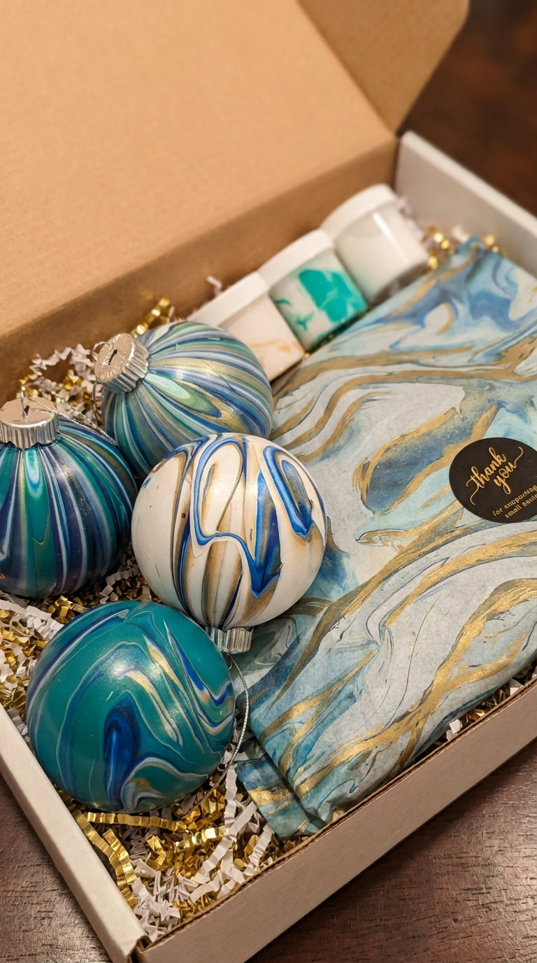 Box containing decorative blue and white marbled ornaments, a wrapped gift, and small bottles, with gold and white accents.