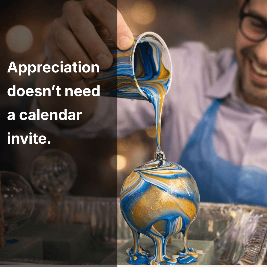 Person pouring colorful paint into a container, with text about appreciation and calendars.