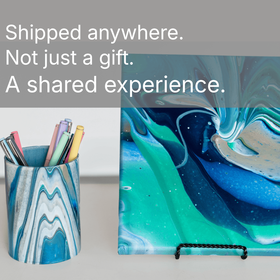 Text overlay on a background with a pen holder and abstract art, promoting shared experiences and shipping worldwide.