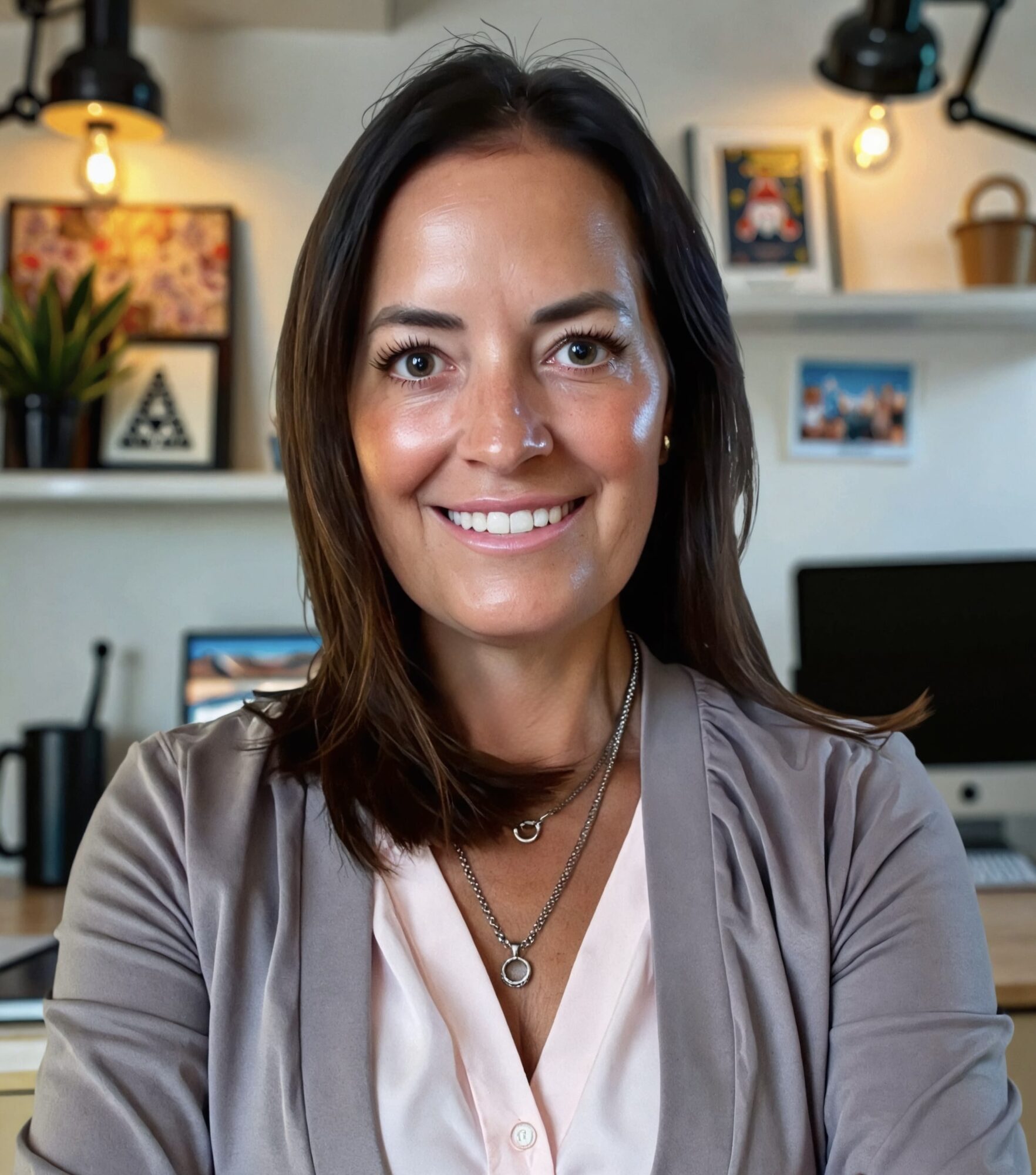 Woman with shoulder-length dark hair smiling in a home office, shelves with decor and a computer in the background.