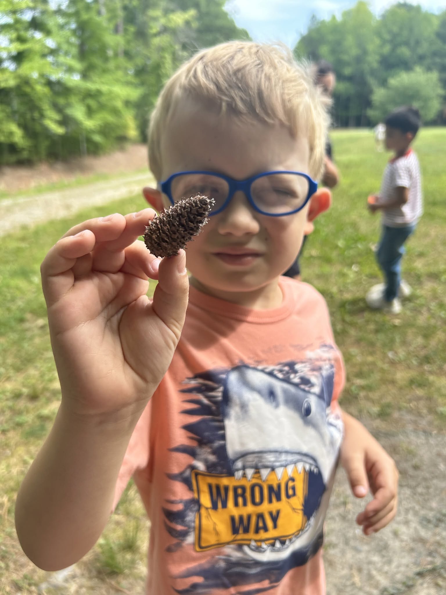 Child with glasses holding a pine cone outdoors, with two children in the background, trees, and a grassy area.