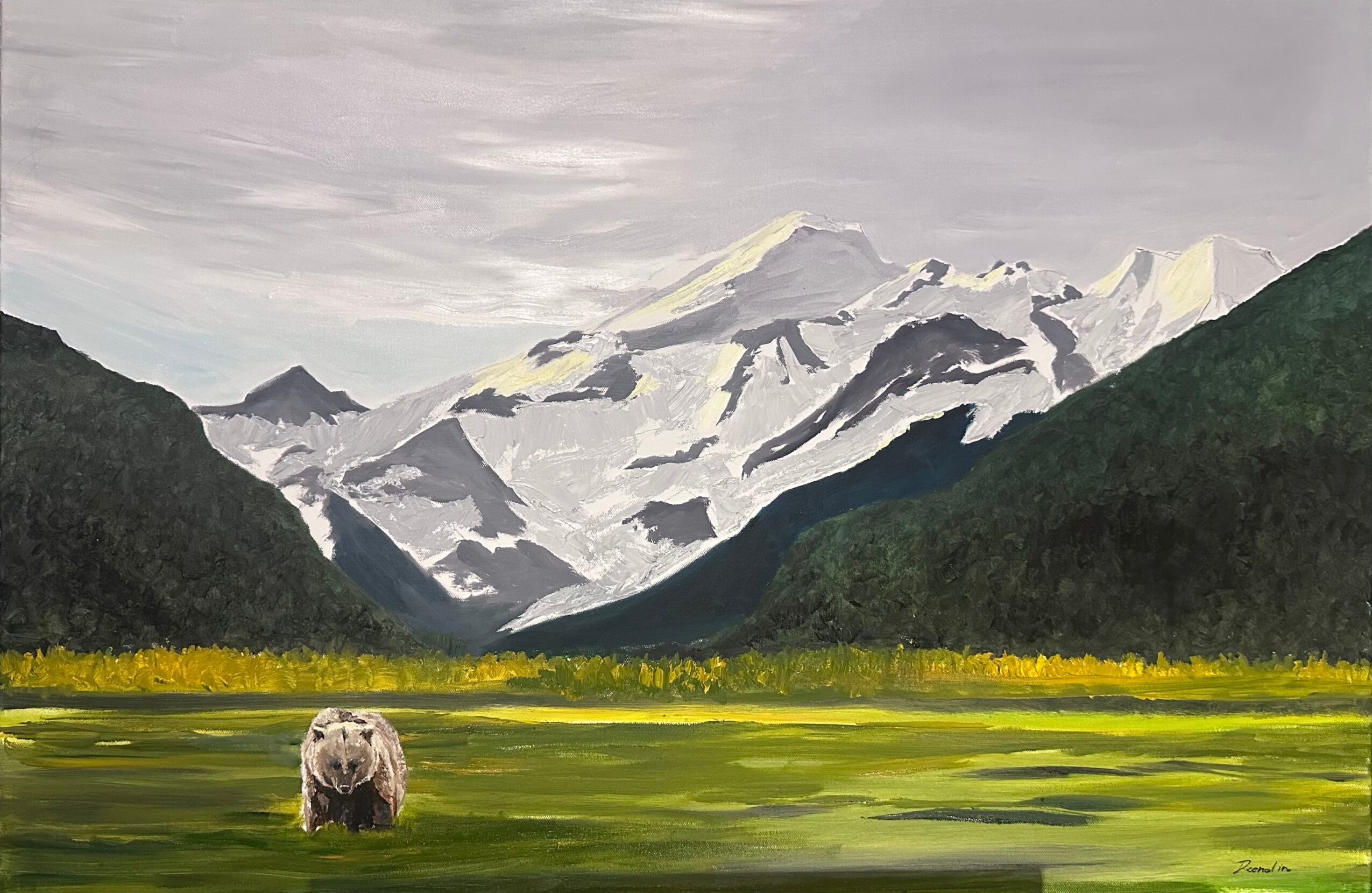 A landscape with mountains, snow, and a cloudy sky, with a small animal in the foreground on green grass.