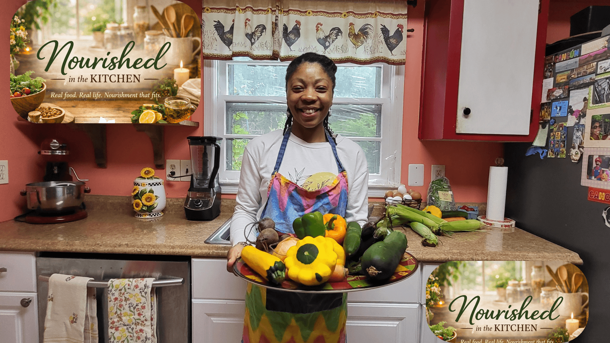 Smiling woman in a colorful apron holding a tray of vegetables in a kitchen with a sign reading 'Nourished in the Kitchen'.