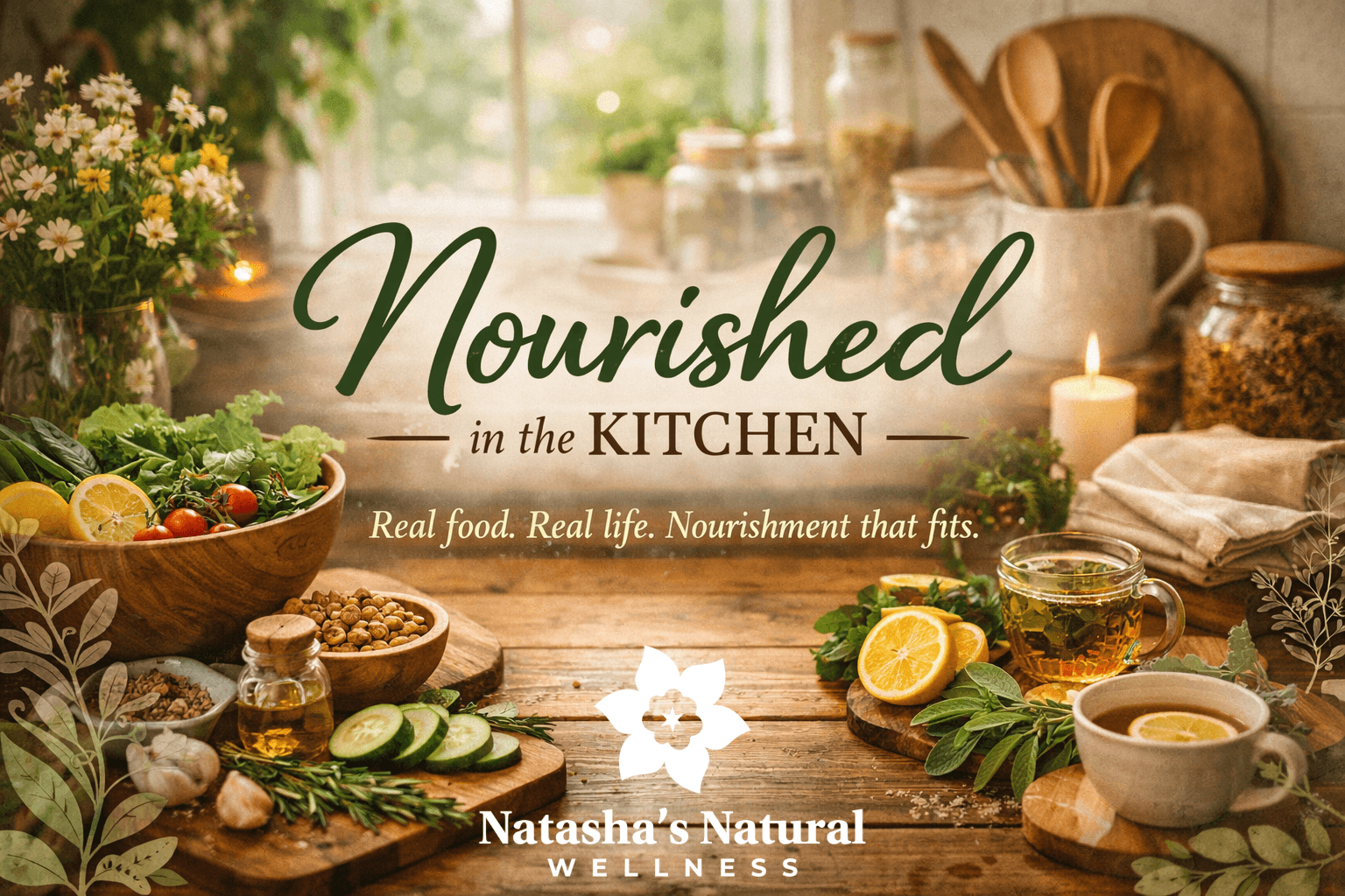 Kitchen countertop with fresh vegetables, herbs, candles, and cooking utensils, with text about nourishment and real food.
