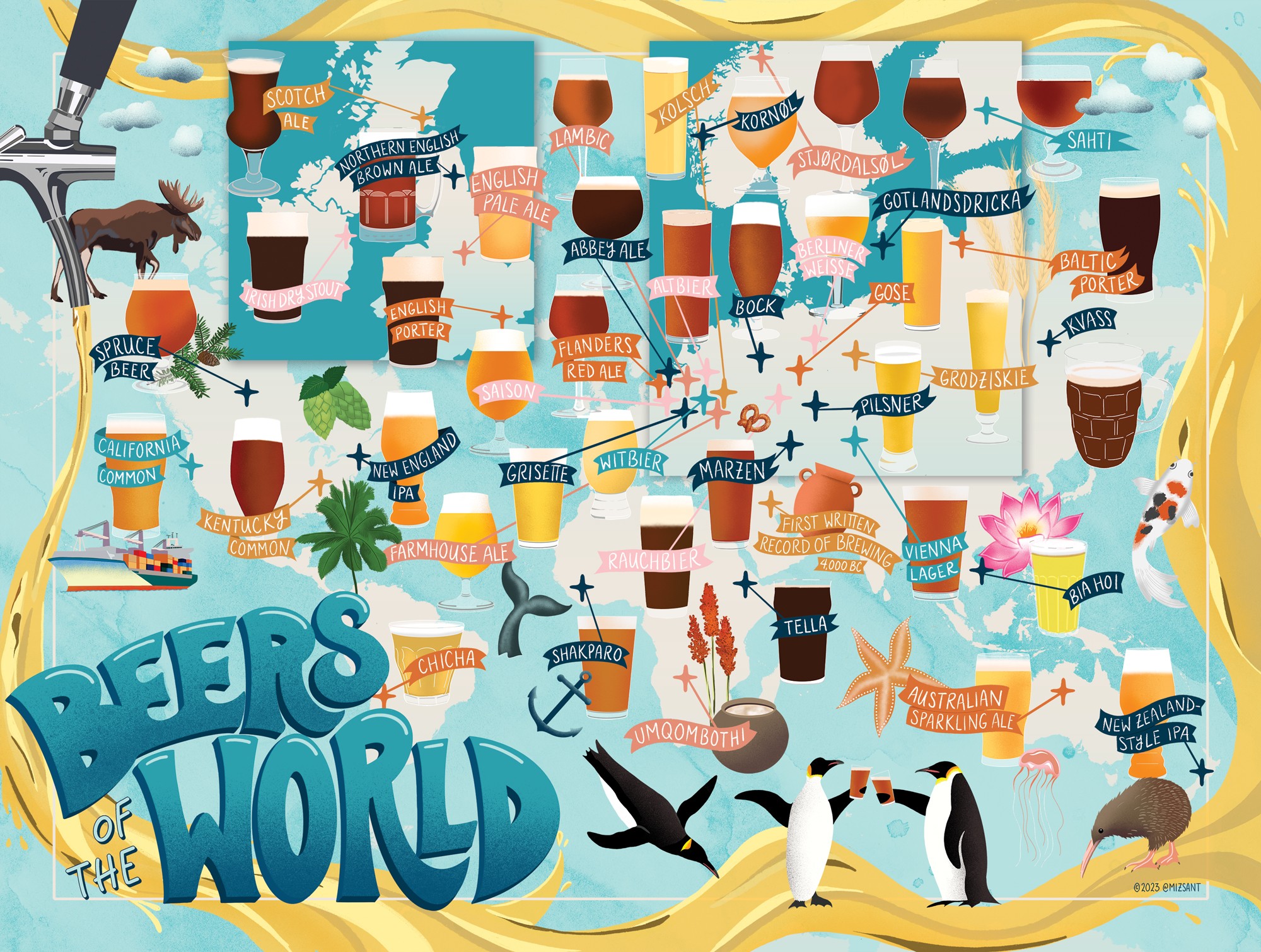 Map of the world with various beers and labels, featuring animals like penguins, birds, and a dog, with decorative elements.