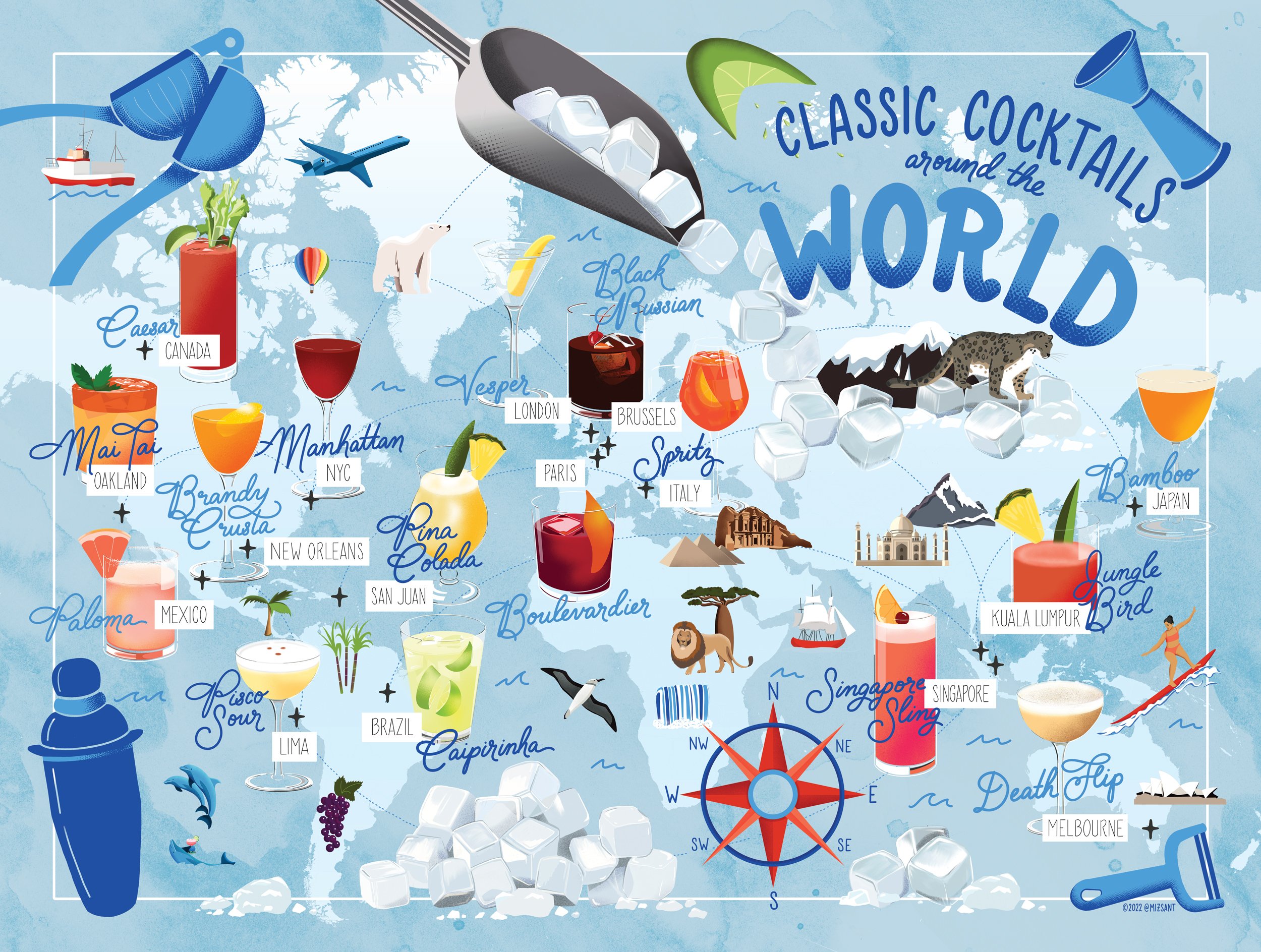 Map of the world with illustrations of cocktails, ice, and maritime symbols, titled 'Classic Cocktails around the World'.