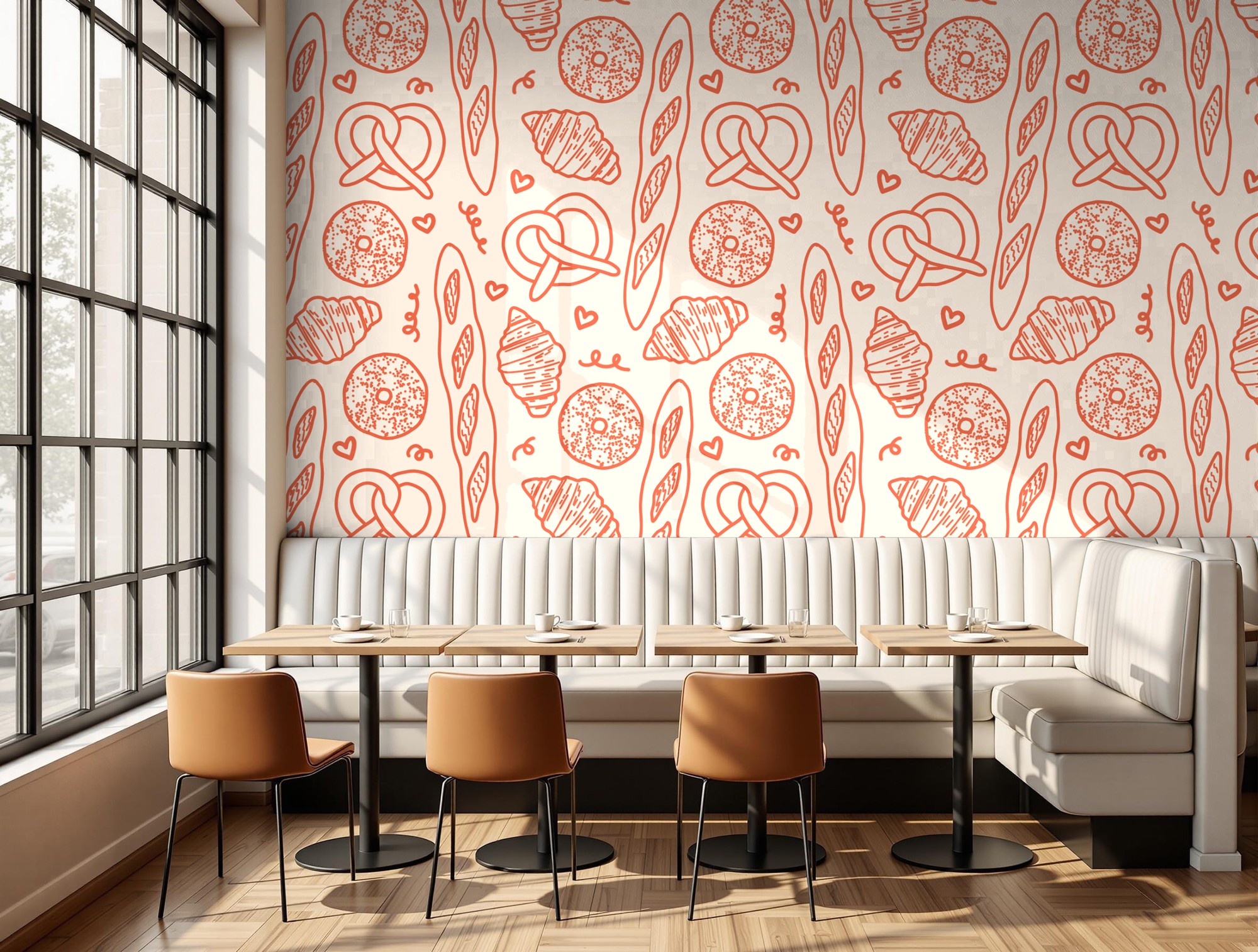 Interior of a restaurant with a long white booth, four brown chairs, large window, and patterned wallpaper with food illustrations.