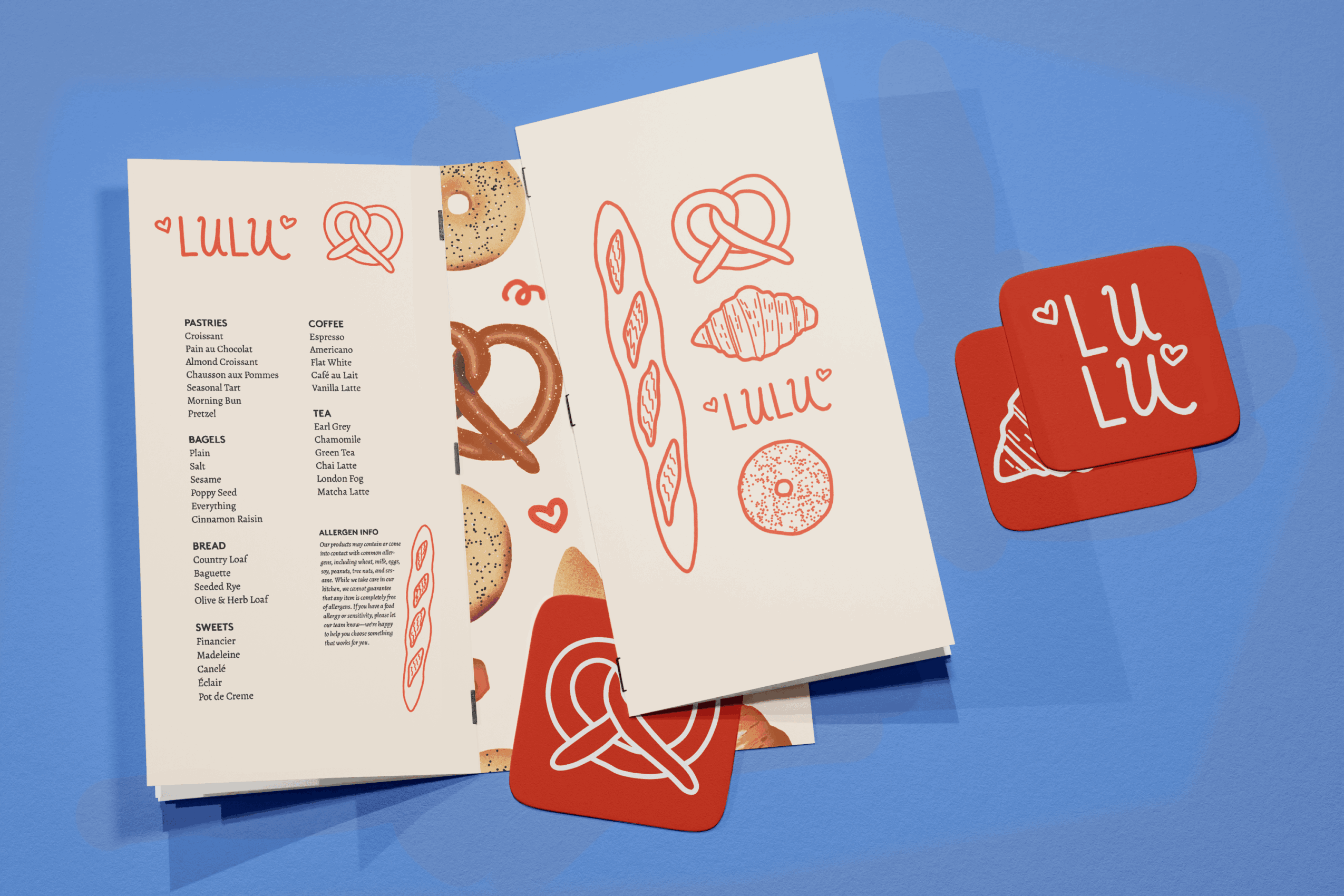 Open menu with food illustrations and red cards on blue background, showing menu items and drawings.