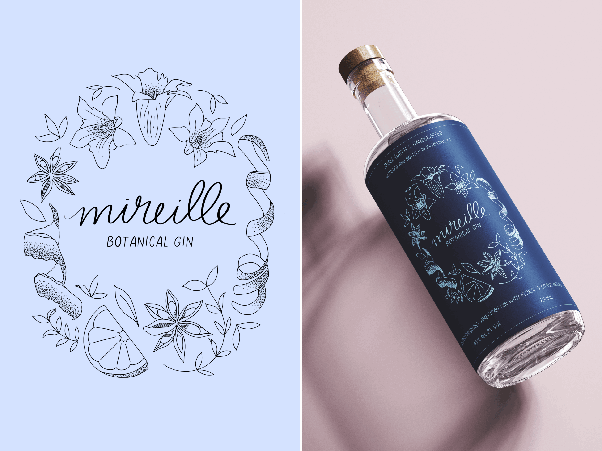 Bottle of Mireille Botanical Gin with floral label, next to a light blue background with floral illustrations and logo, 20 words.