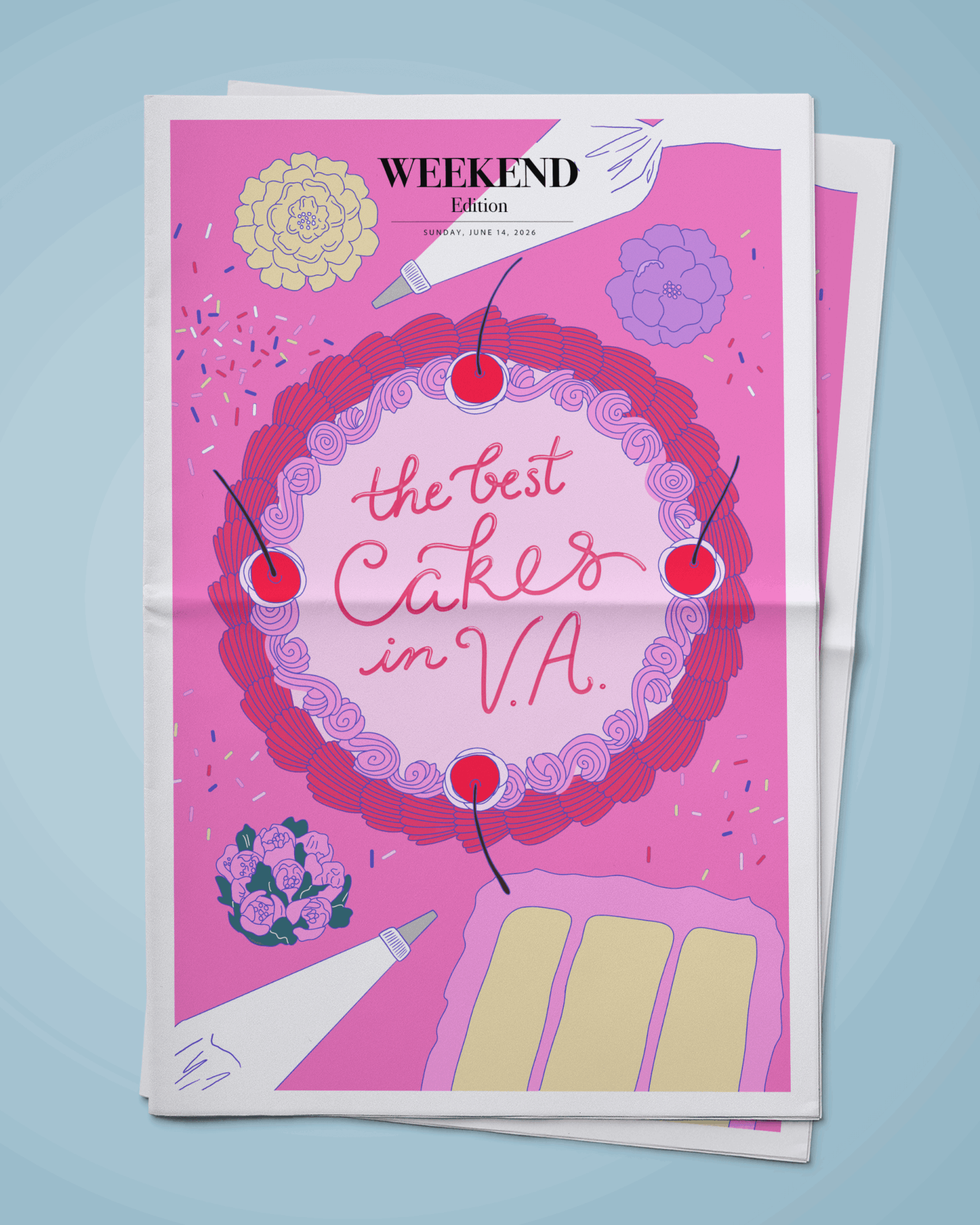 Magazine cover with pink background, cake illustration, and text about cakes in Virginia, with a feather quill and decorative elements.