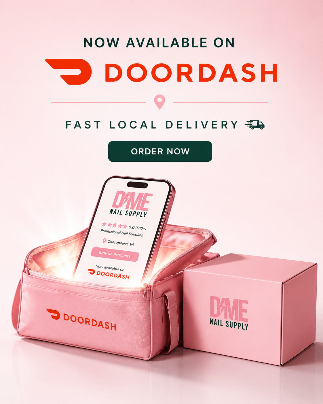Advertisement for DoorDash nail supply delivery service with pink bag, box, and phone displaying nail supply app.