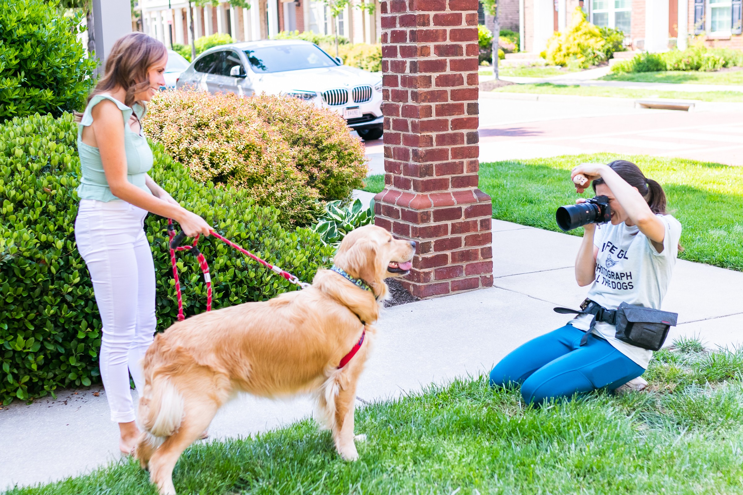 Girl with leash and dog on sidewalk, woman taking photo with camera, grassy area, brick pillar, residential street background.