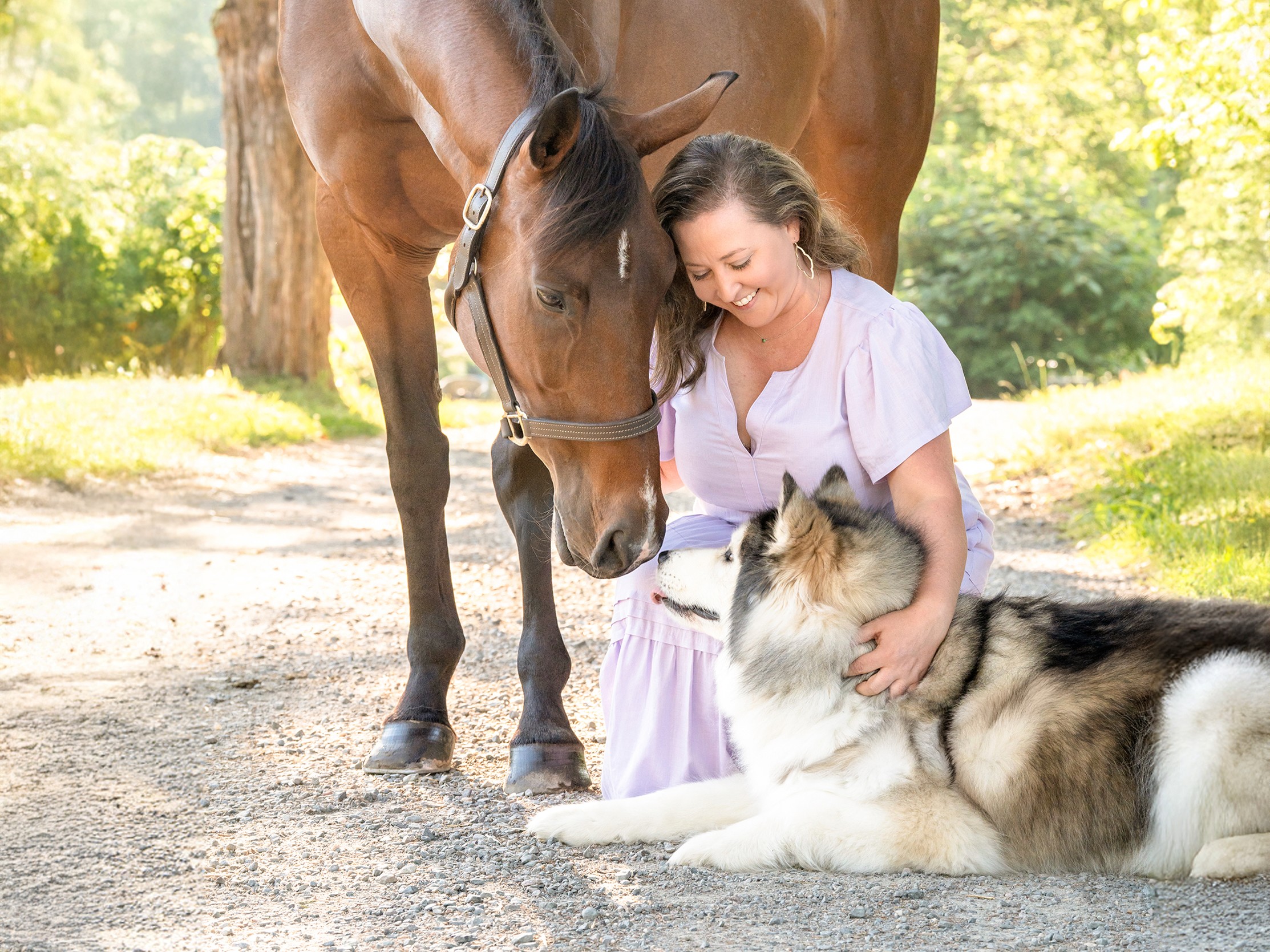 Woman petting a large dog lying on the ground next to a horse outdoors in a sunny, wooded area.