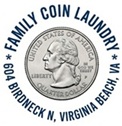 Circular logo with a quarter dollar coin in the center, surrounded by text about family coin laundry in Virginia Beach, VA.