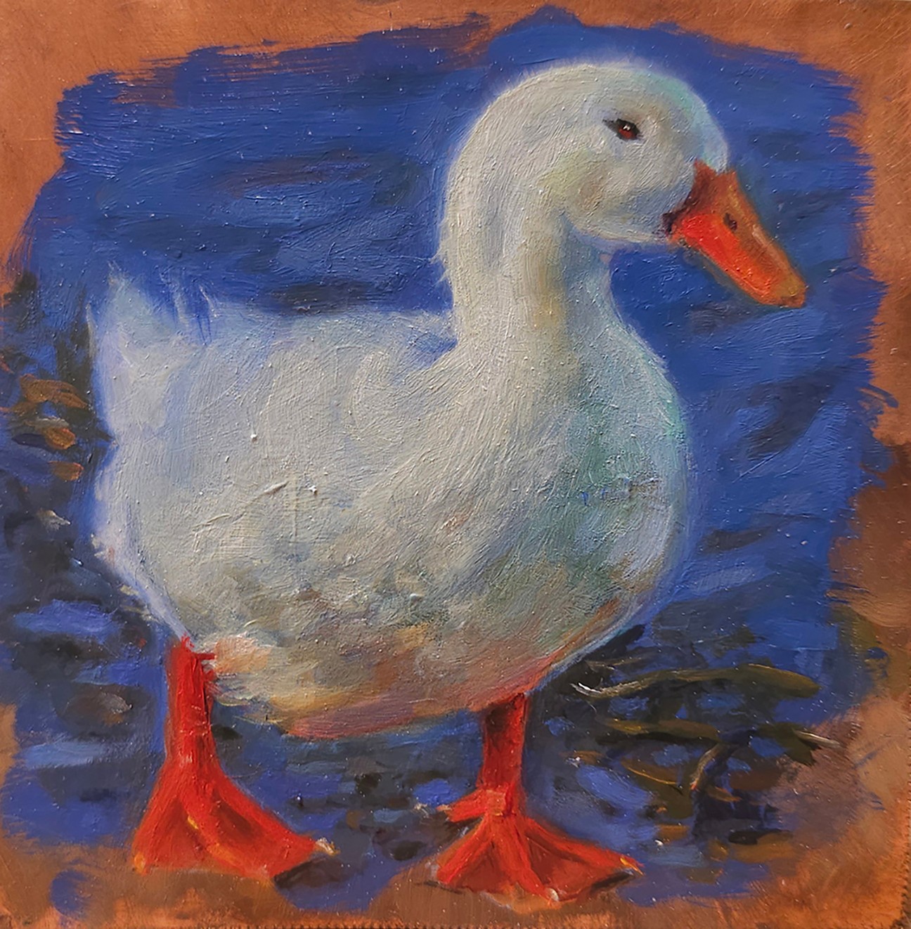 A painting of a white duck with an orange beak and feet standing on water with a blue background.