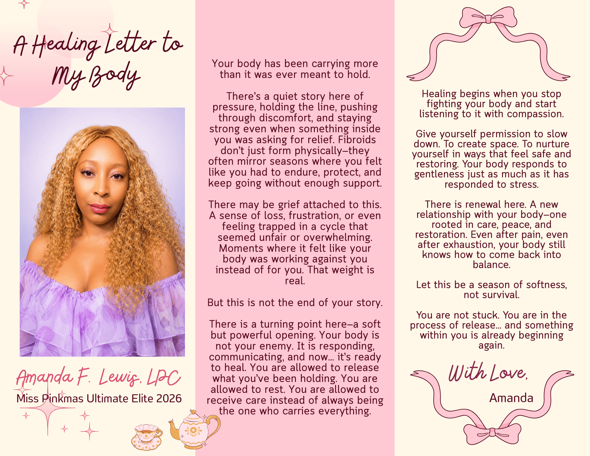 Pink background with a girl and a letter about healing, love, and hope. Girl has curly hair and a serious expression. Text discusses emotional strength and caring. Word count: 78. Confidence: 0.9