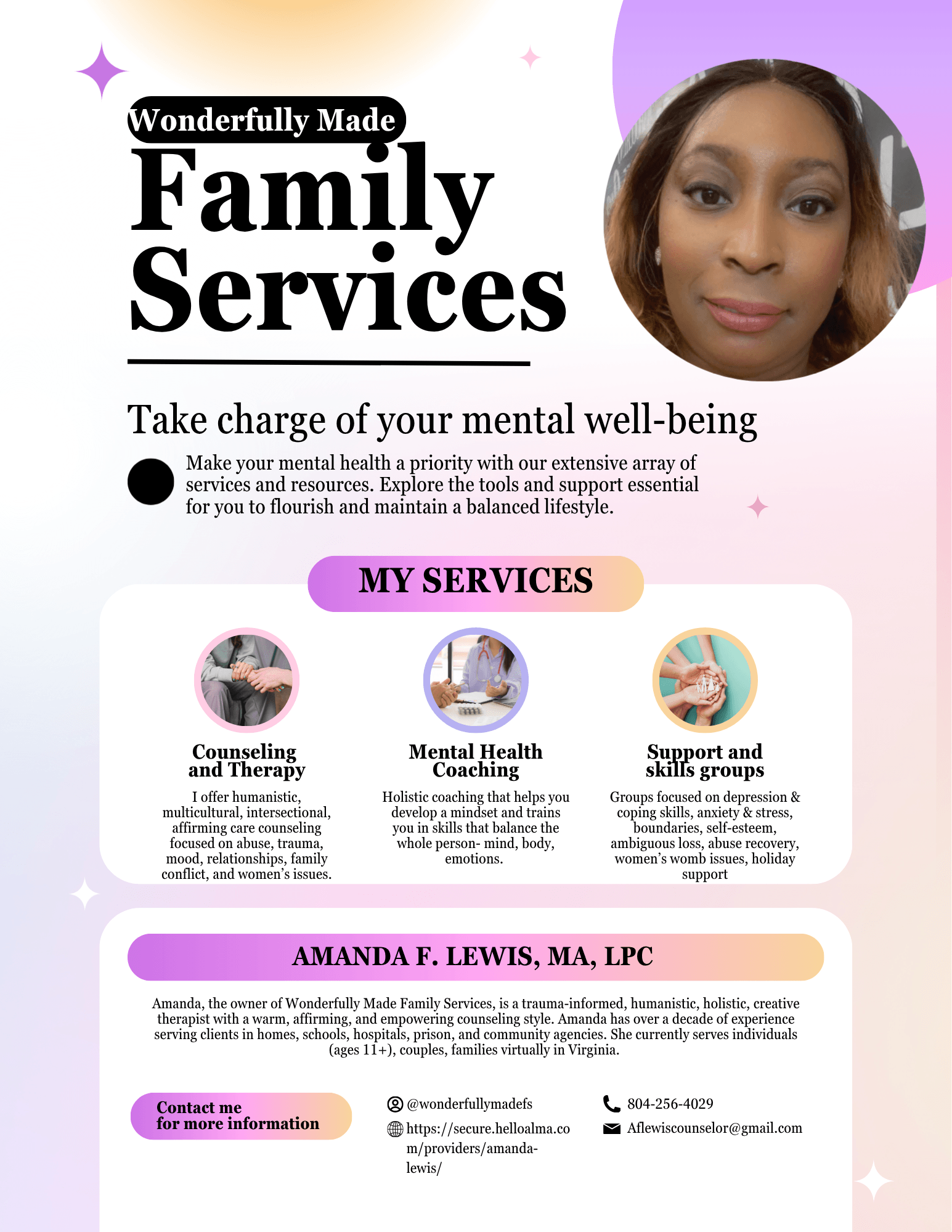 Logo and text for Family Services, a woman’s face in a circular frame, and service descriptions with icons.