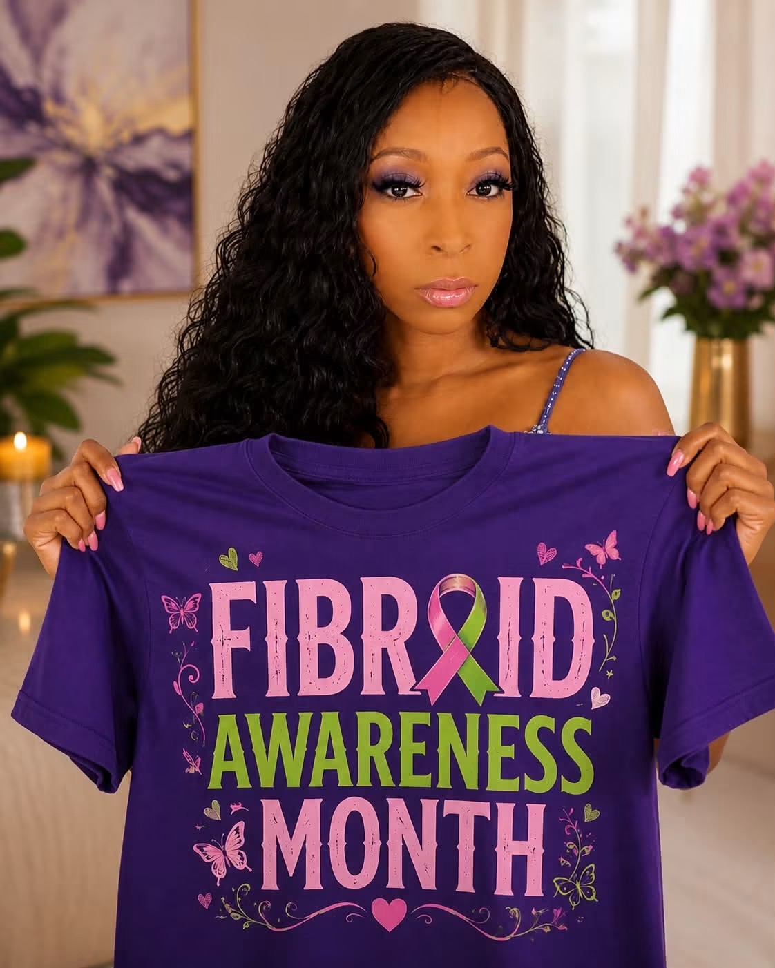 Woman holding a purple T-shirt promoting Fibroid Awareness Month with pink, green, and purple text and butterfly graphics.