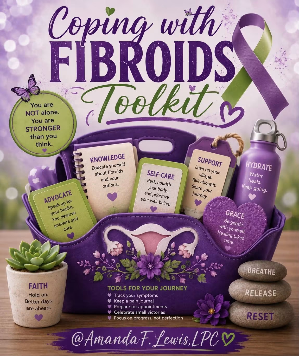 Purple toolkit with health-related items, purple ribbon, and flowers, promoting fibroid awareness and support, with text and social media handle.